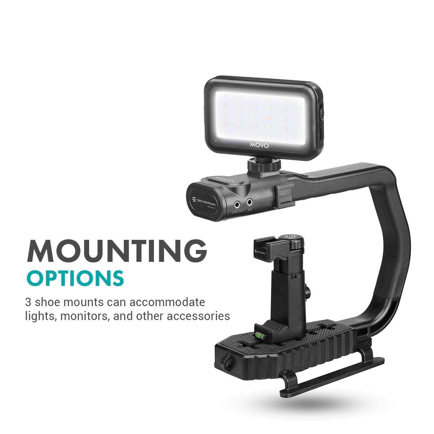 MOUNTING OPTIONS

3 shoe mounts can accommodate lights, monitors, and other accessories