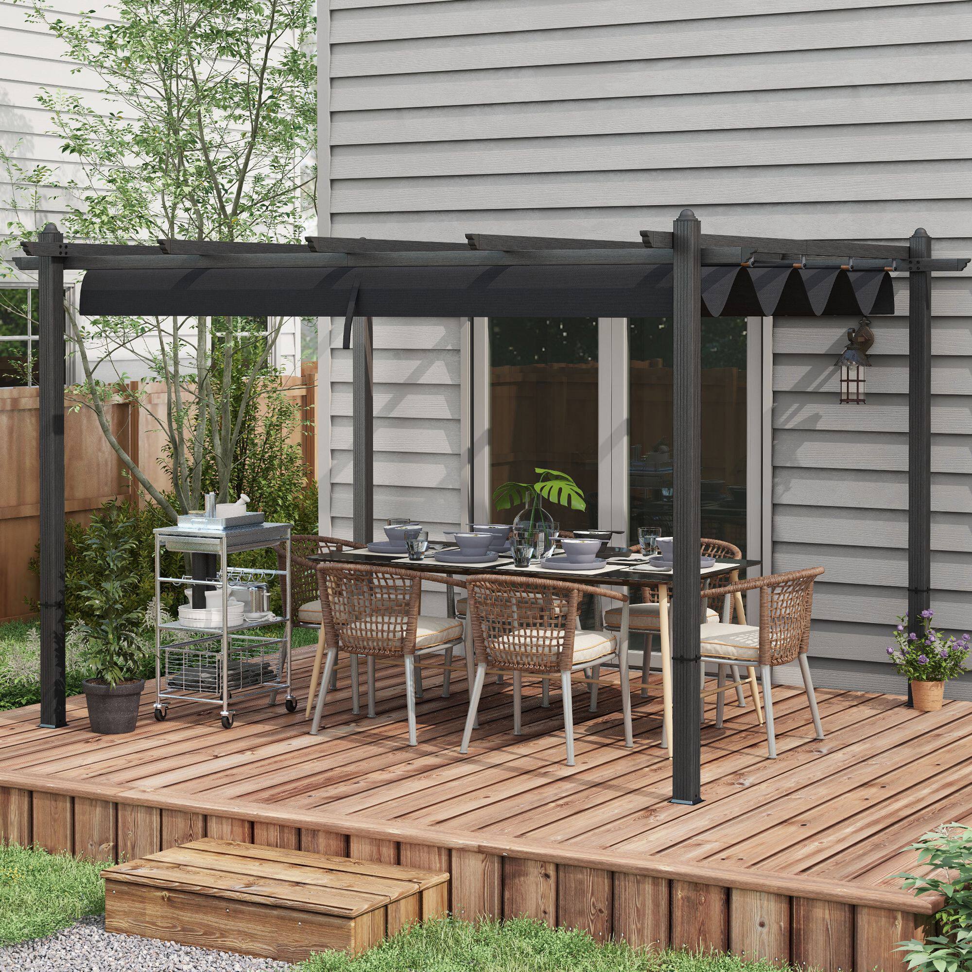 Angle. Outsunny - 10' x 13' Retractable Pergola Canopy, Wood Grain Aluminum Pergola, Outdoor Sun Shade Shelter for Grill - Gray.