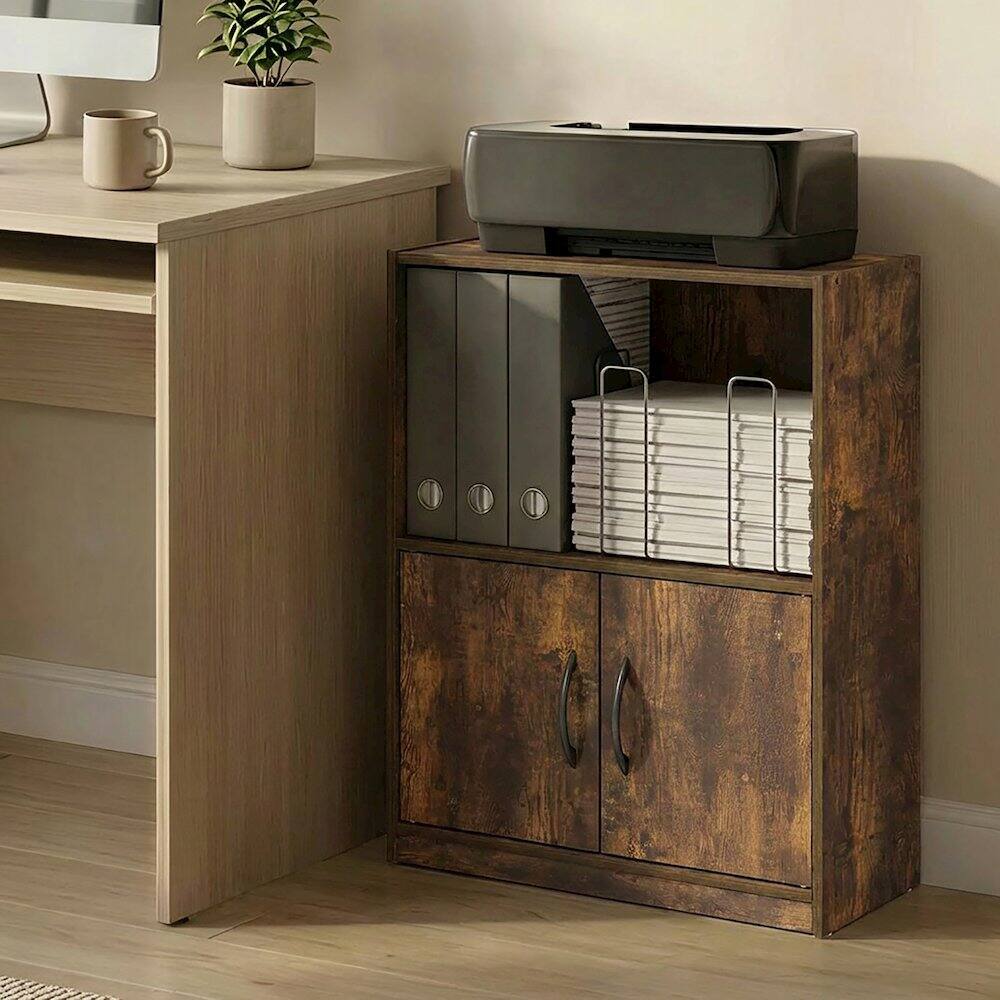 Angle. Furinno - GRUEN Book Shelf, 2-Tier Small Bookshelf, Bookcase with Open Shelf and Doors Storage Cabinet, 9.3 x 21.8 x 27 - Amber Pine.