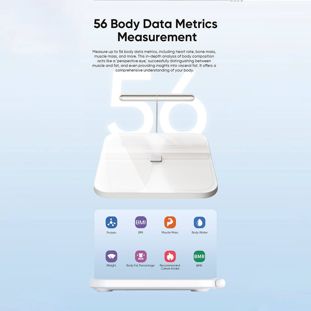 56 Body Data Metrics Measurement

Measure up to 56 body data metrics, including heart rate, bone mass, muscle mass, and more. This in-depth analysis of body composition acts like a 'perspective eye', successfully distinguishing between muscle and fat, and even providing insights into visceral fat. It offers a comprehensive understanding of your body.

- Protein
- BMI
- Muscle Mass
- Body Water
- Weight
- Body Fat Percentage
- Recommended Calorie Intake
- BMR