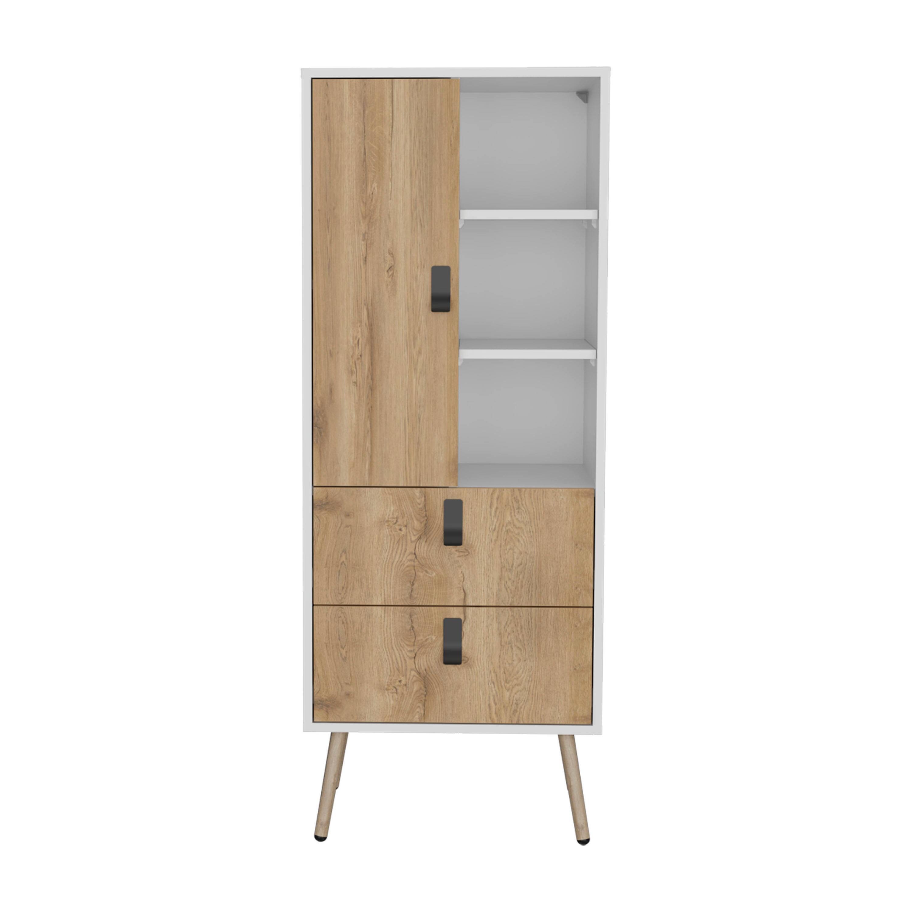 TuHome - Huna Tall Dresser, Unit With Door, 2 Drawers, And Open Shelves - White / Macadamia