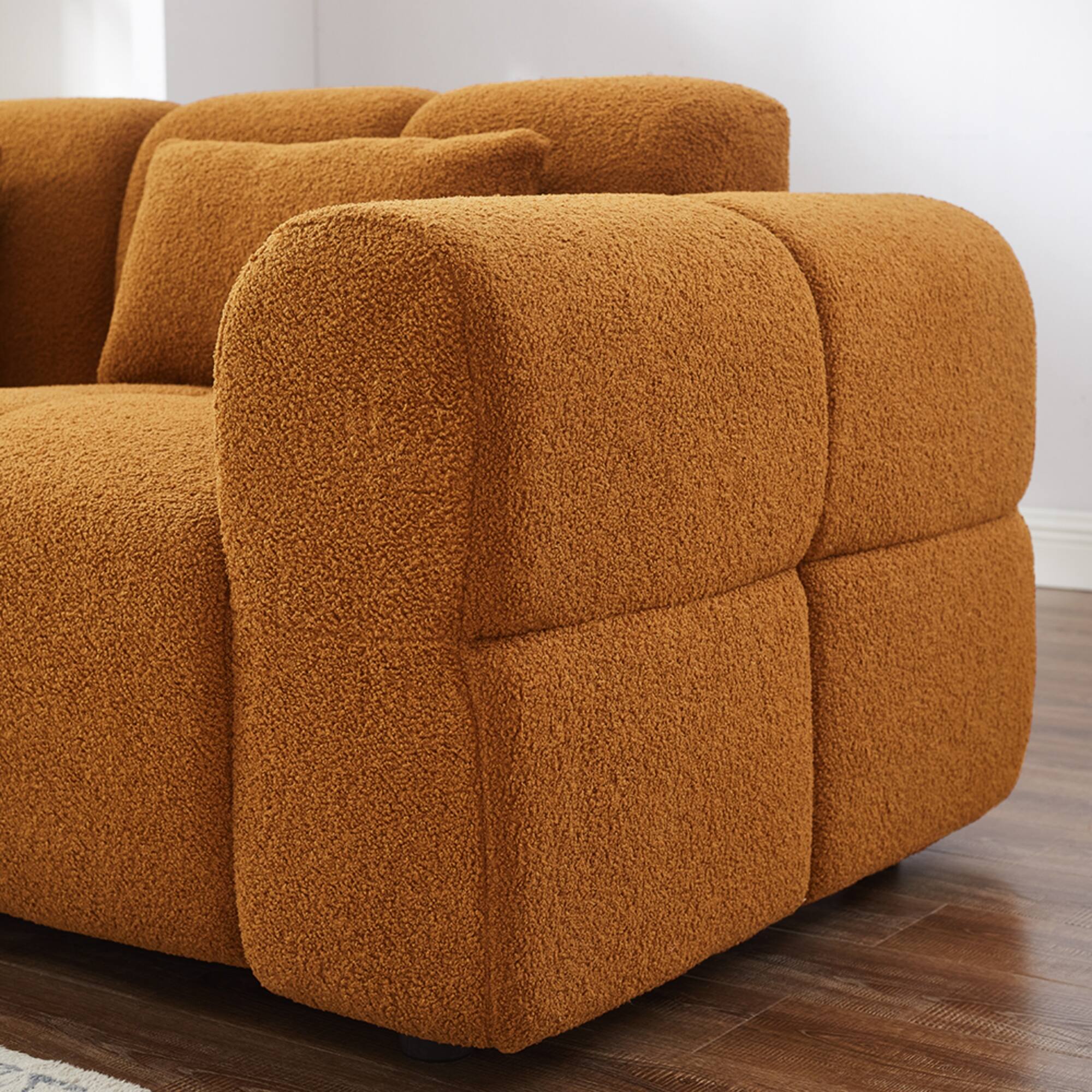 Left. Electra Tech Xpress - 80" Modern Sofa Couch, Comfy Deep Seat Teddy Cloud Sofa, Oversized Loveseat 3-Seater Boucle Couch - Curry.