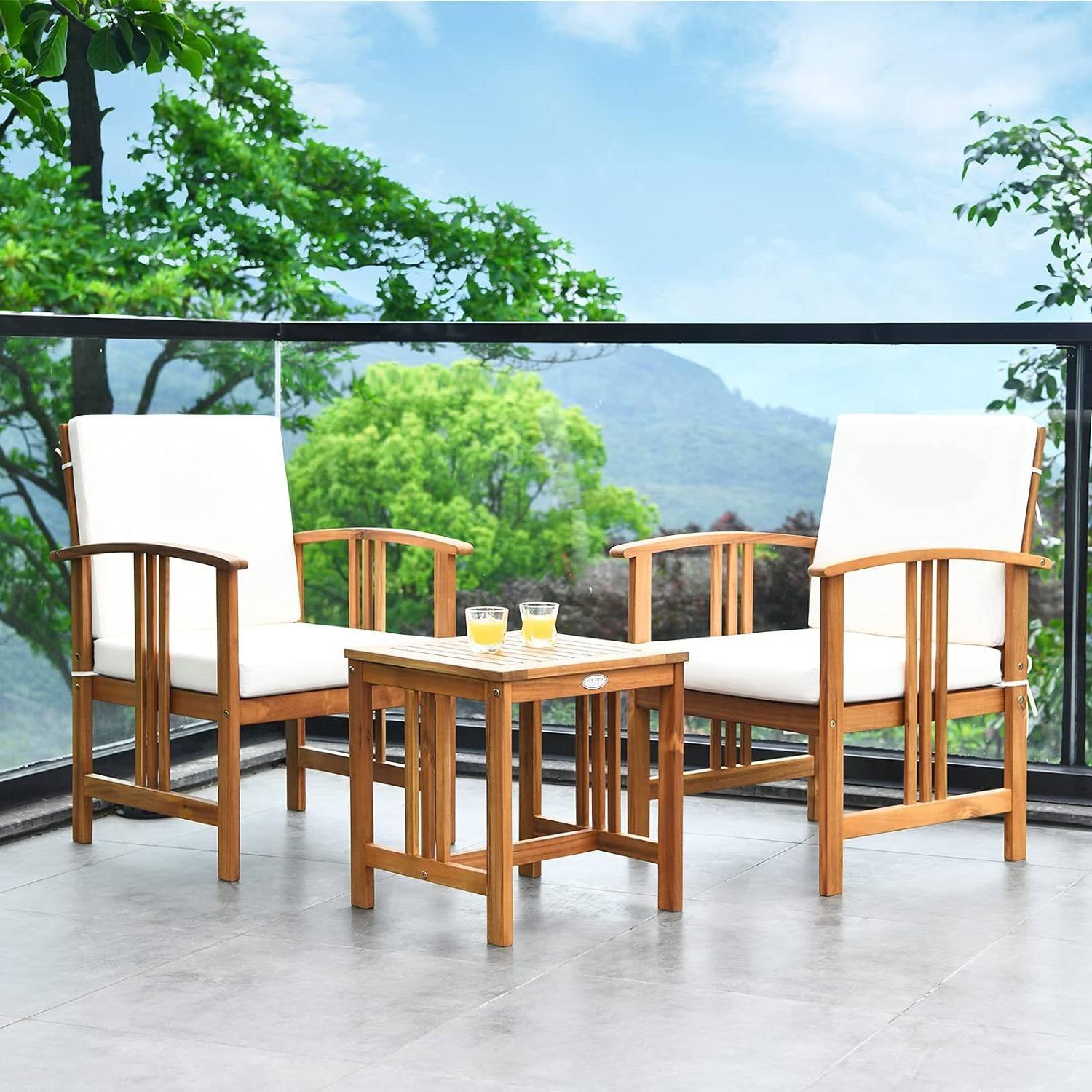 Back. Hivvago - 3-Piece Solid Wood Outdoor Patio Furniture Table Chairs Set with White Cushions - White.