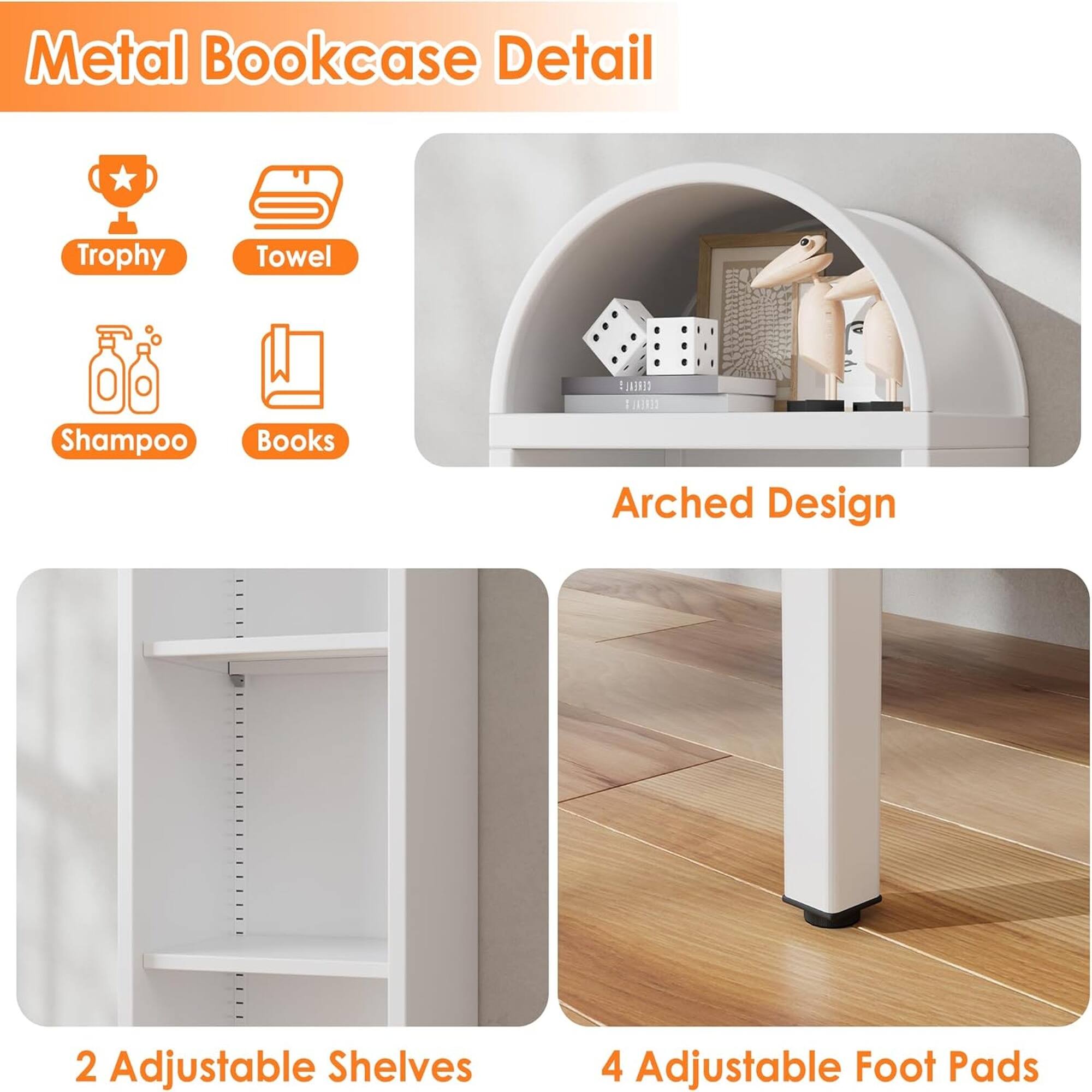 Metal Bookcase Detail Trophy Towel Shampoo Books DEREAL 11193D Arched Design 2 Adjustable Shelves 4 Adjustable Foot Pads
