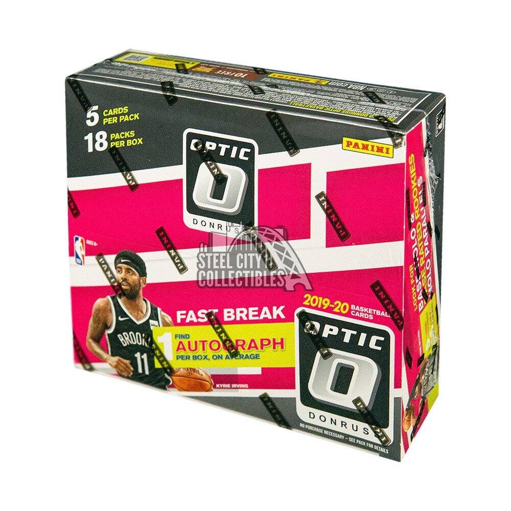 5 CARDS PER PACK  
18 PACKS PER BOX  
DANI BROOK 11  

10 FREE THINGS.COM  
NBA OPTIC PANINI DONRUS ROOKIES OLO PARAL " PAN STEEL CITY COLLECTIBLES LOOK FOR MOLO FAST BREAK 2019-20 BASKETBALL CARDS BASE: FIND PTIC AUTOGRAPH PER BOX, ON AVERAGE KYRIE IRVING 0 NO PURCHASE NECESSARY SEE PACK FOR DETAILS