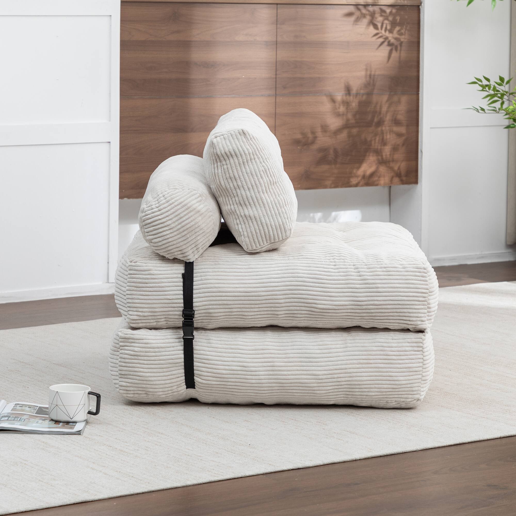 Back. LOVMOR - 68 Inch Corduroy Bean Bag Chairs For Living Room Bedroom Reading Textured Ribbed Indoor Lounge Seating Comfort - Beige.