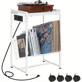 Oumilen - Vinyl Record Player Stand with Charging Station & Storage Shelves - White