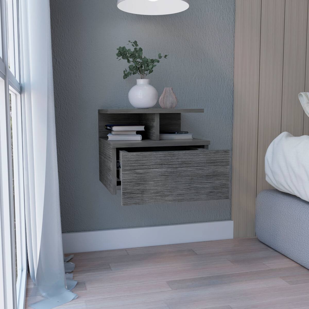 Left. Loheer - Loheer Floating Nightstand Smokey Oak Wall Mounted Bedside Table with Single Drawer and Two Tier Shelf - Smokey Oak.