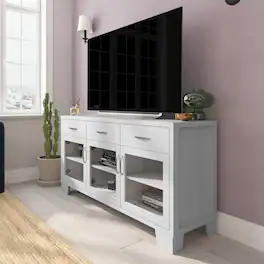 Emma + Oliver - Keith Engineered Wood Buffet Sideboard Storage Cabinet for Kitchen/Dining Room with 3 Drawers and 3 Tempered Glass Doors - White