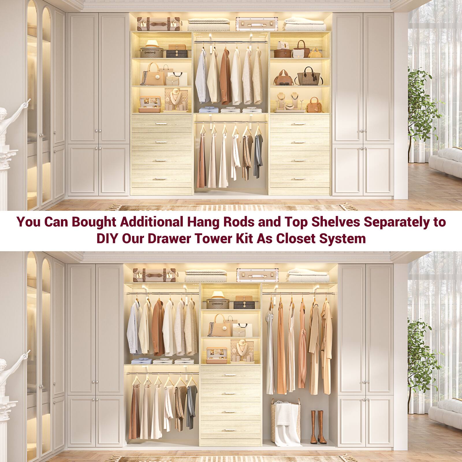 You Can Bought Additional Hang Rods and Top Shelves Separately to DIY Our Drawer Tower Kit As Closet System