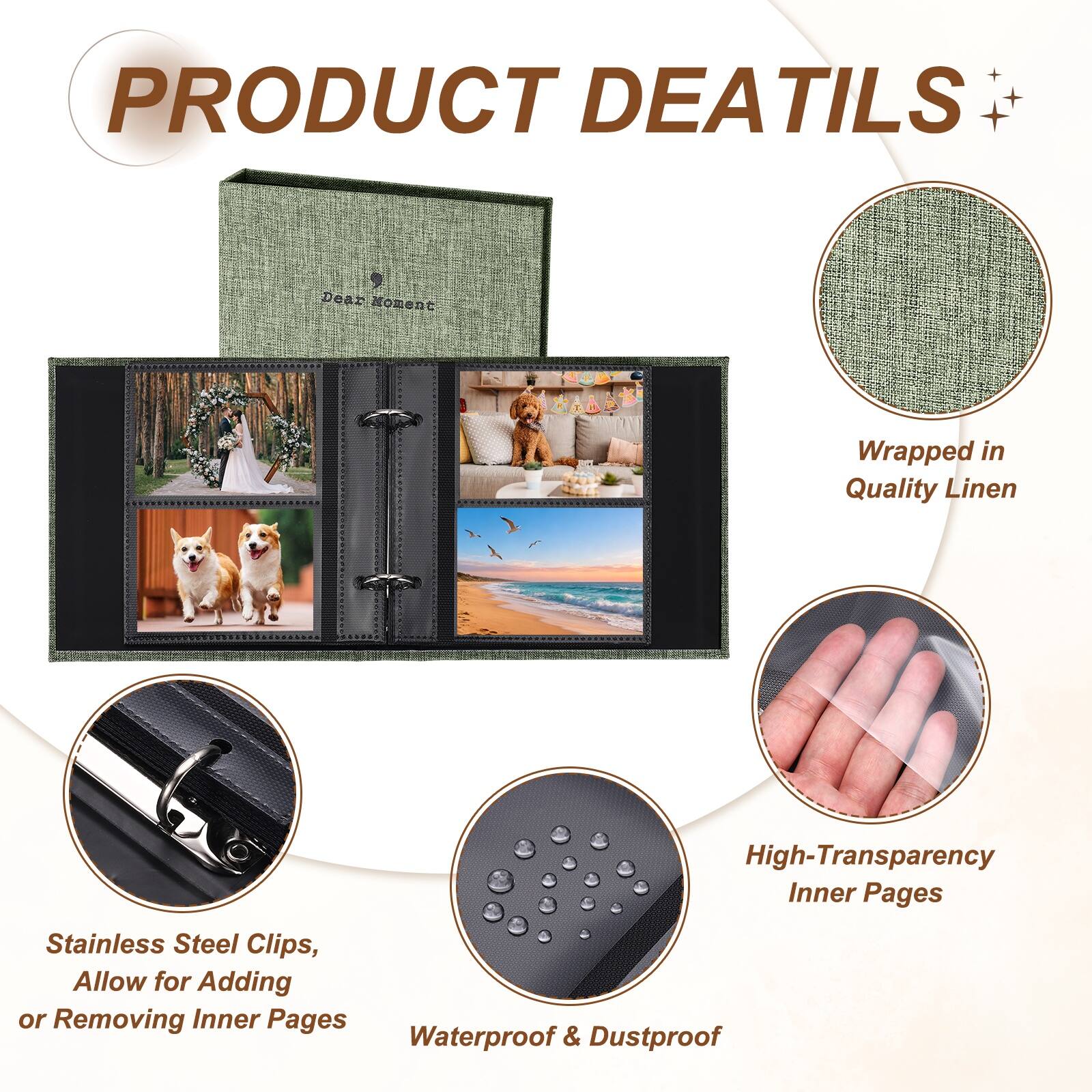 PRODUCT DETAILS

- Wrapped in Quality Linen
- High-Transparency Inner Pages
- Stainless Steel Clips, Allow for Adding or Removing Inner Pages
- Waterproof & Dustproof