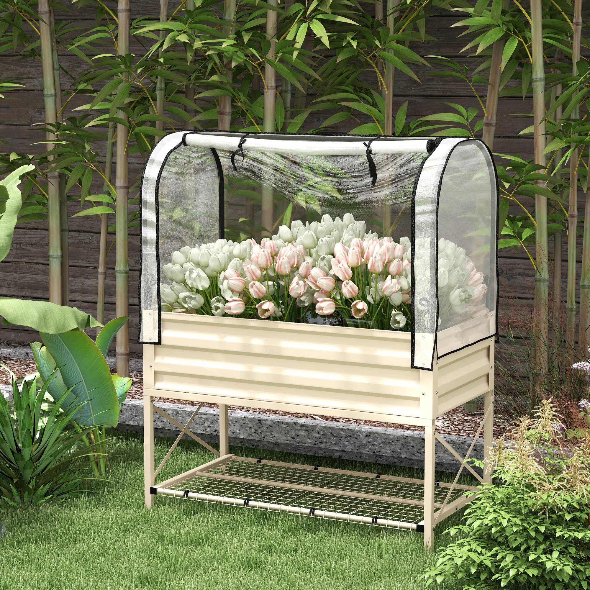Alt View 1. Outsunny - Raised Garden Bed with Cover and Storage Shelf, Rectangular Metal Elevated Planter Box with Legs and Bed Liner - Cream White.