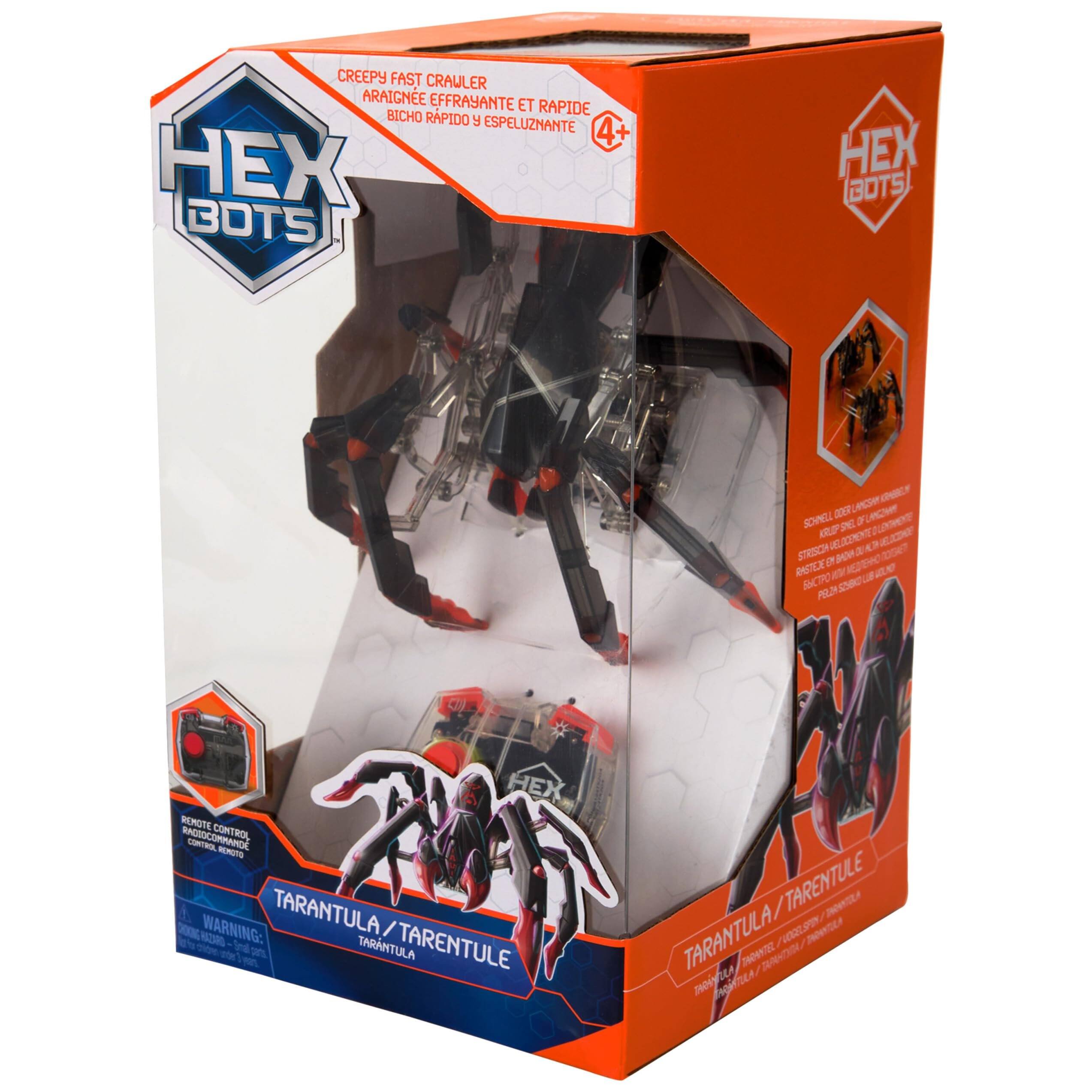 CREEPY FAST CRAWLER  
ARAIGNEE EFFRAYANTE ET RAPIDE  
BICHO RÁPIDO Y ESPELUZNANTE  

4+  

HEX BOTS  

REMOTE CONTROL  
CONTROL REMOTE  
CONTROL REMOTO  

WARNING: TARANTULA/TARENTULE  
TARANTULA/TARENTULE  

TARANTULA / TARENTULE  

STRETCH ON BENDS AND TWISTS  
RASGUE EN BENDS Y TWISTS  
ELARGIT ET SE TORD  

HEX BOTS