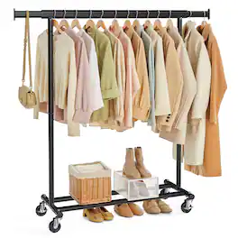 Songmics Home - Clothes Rack with Wheels, Heavy-Duty Clothing Rack for Hanging Clothes, Portable Garment Rack - Black