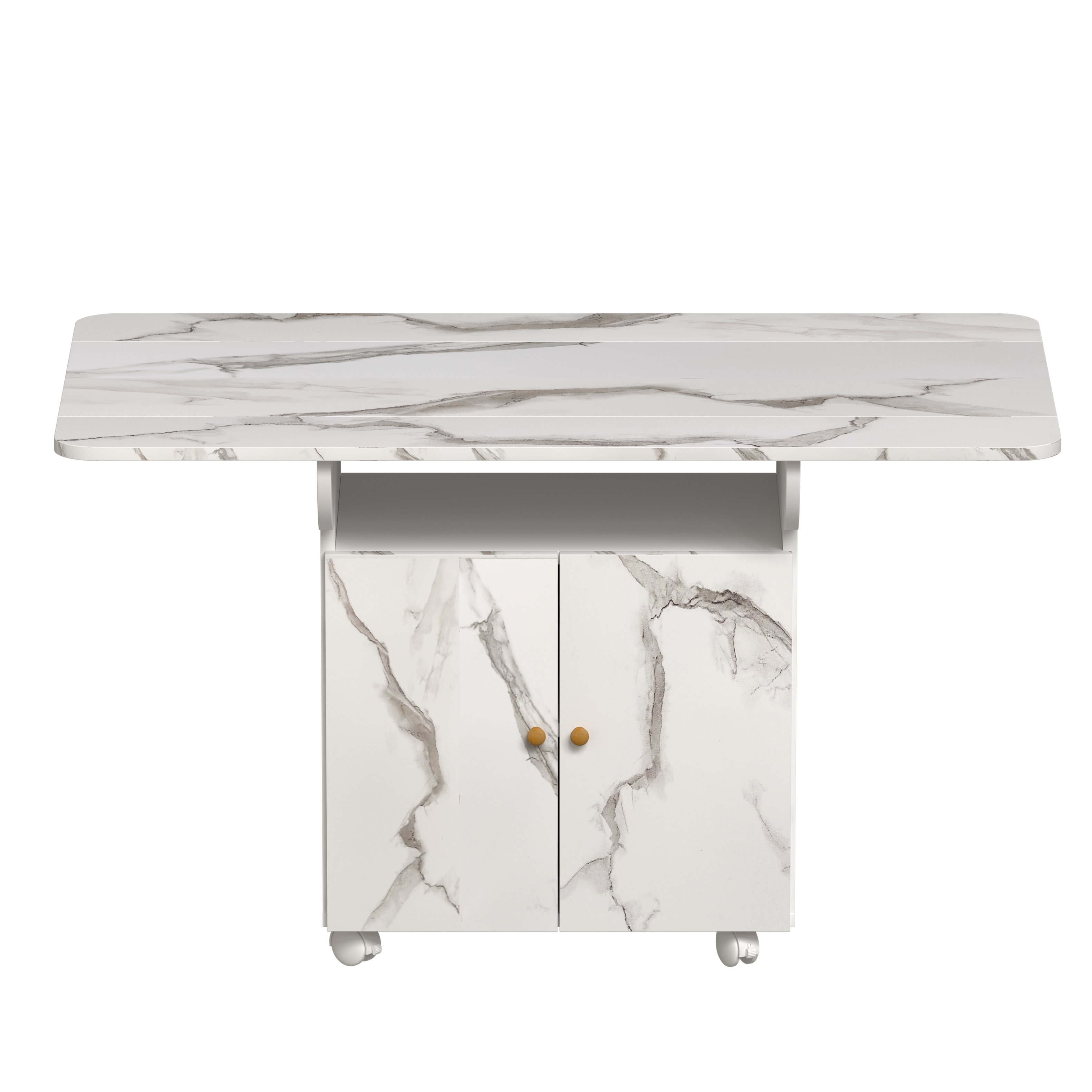 Alt View 8. Tiramisubest - 47" Wood Folding Dining Table with storage rack and cabinet, Movable Versatile Table with 6 Wheels, White Marble Color - White.
