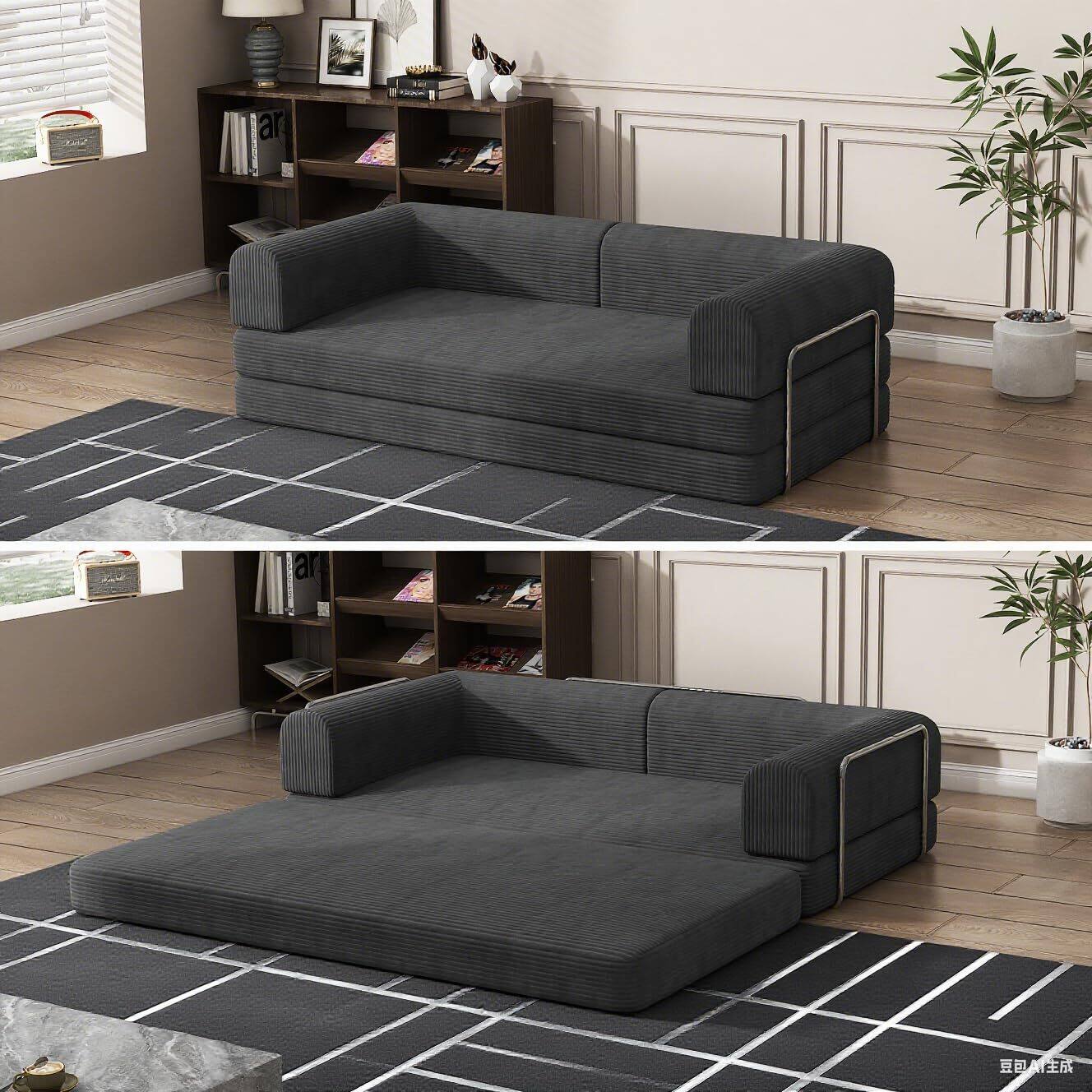 Front. Acekool - Convertible Corduroy Sleeper Sofa Bed,Folding Mattress Couch with Fixed-Shape Frame - Black.
