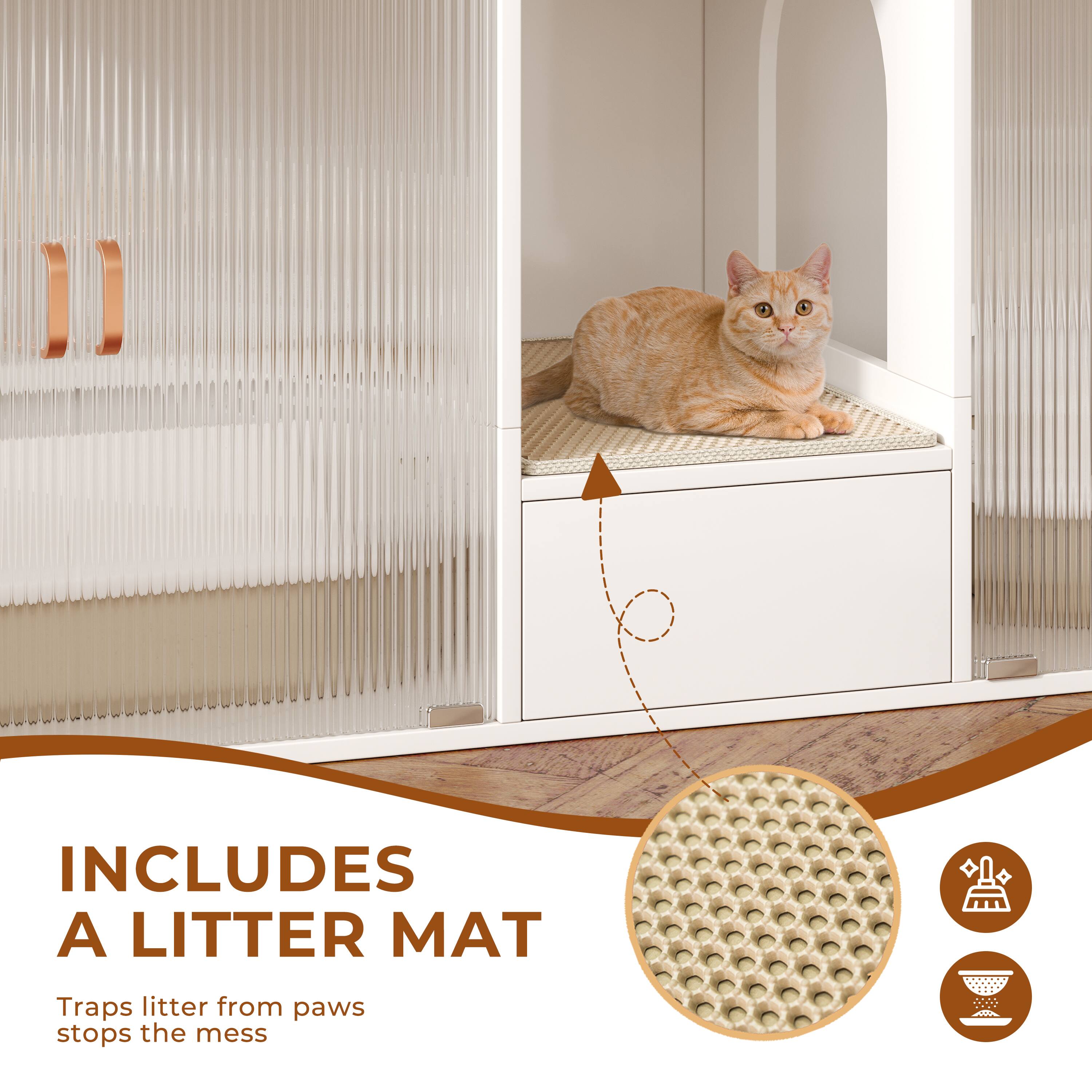 INCLUDES A LITTER MAT

Traps litter from paws stops the mess