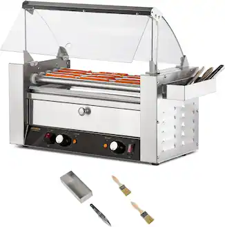Commercial Electric 12 Hot Dog 5 Roller Grill Cooker Machine with Bun Warmer, Dual Temp Control, Glass Cover, Drip Tray