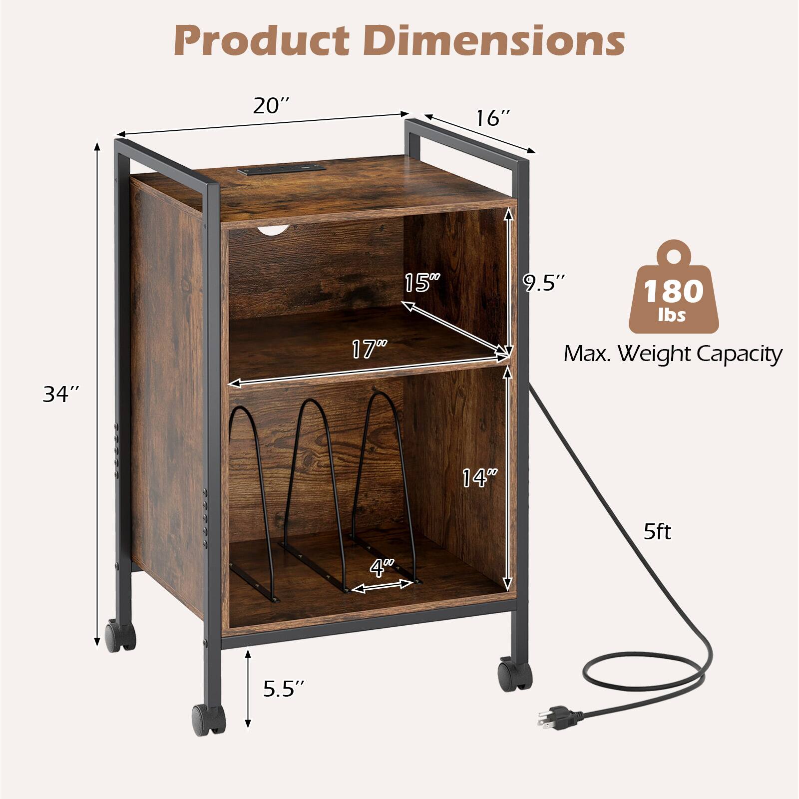 Product Dimensions  
20" x 16" x 34"  
15" x 9.5" x 17" x 14" x 4" x 5.5"  
Max. Weight Capacity: 180 lbs  
5ft