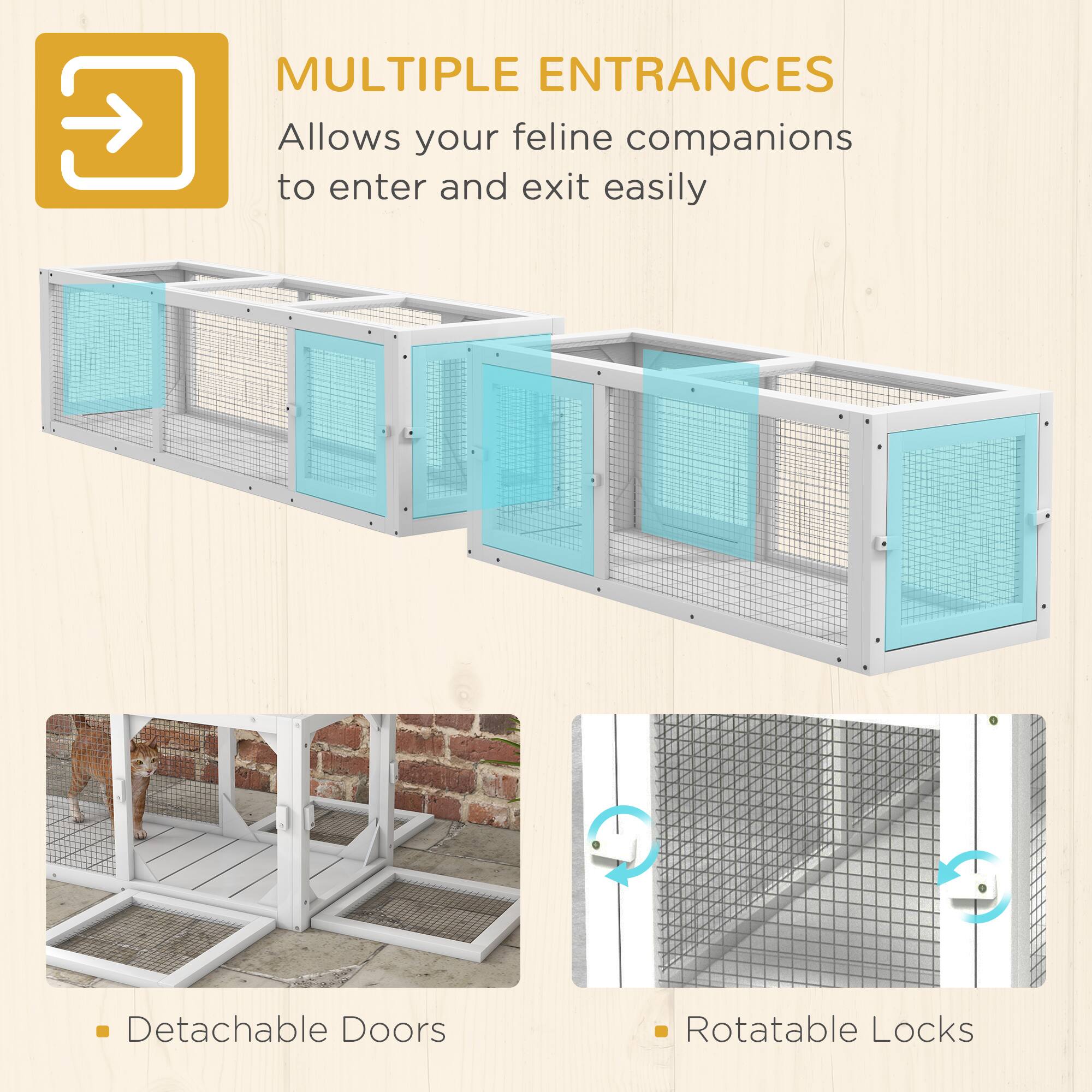 MULTIPLE ENTRANCES  
Allows your feline companions to enter and exit easily  

- Detachable Doors  
- Rotatable Locks