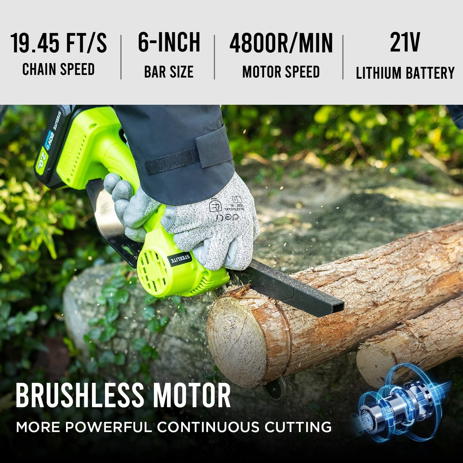 19.45 FT/S CHAIN SPEED  
6-INCH BAR SIZE  
4800R/MIN MOTOR SPEED  
21V LITHIUM BATTERY  
STEELITE ZOVO  
2.0m  
PN deli STEELITE  
BRUSHLESS MOTOR  
MORE POWERFUL CONTINUOUS CUTTING