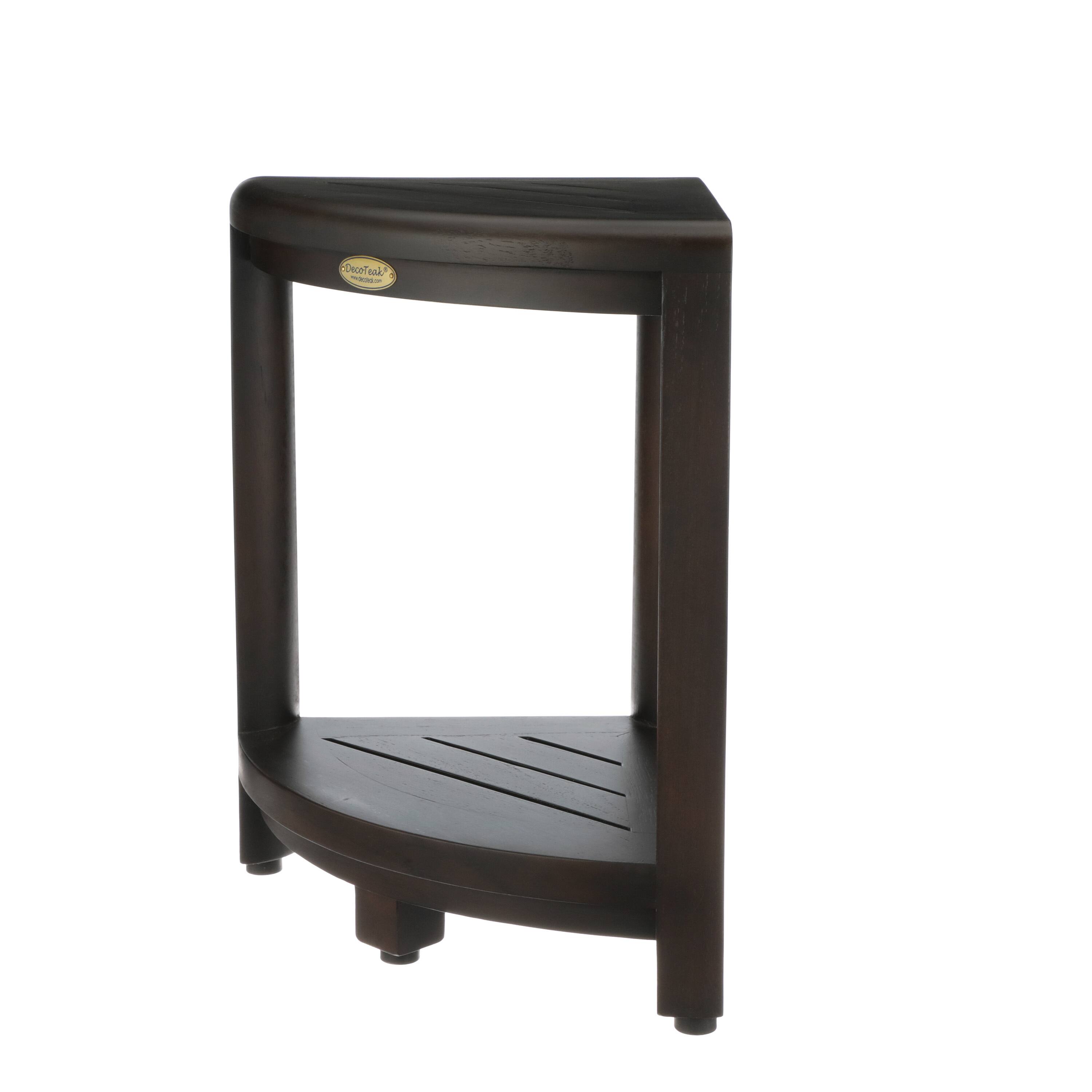 Back. DecoTeak - DecoTeak® SnazzyCorner® 18"H Teak Wood Corner Shower Bench with Shelf in Woodland Brown Finish - Woodland Brown.