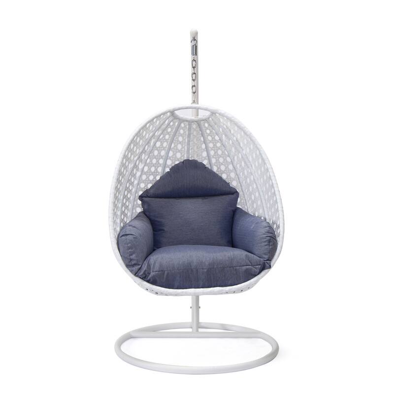 Left. LeisureMod - LeisureMod Modern Handwoven White Wicker Egg Swing Chair with Stand - Single Hanging Indoor/Outdoor Chair for Patio - Charcoal Blue.
