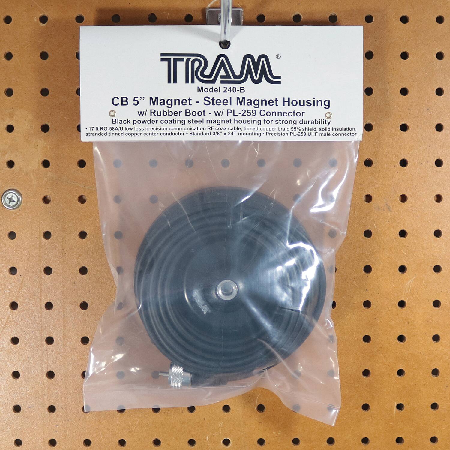 TRAM  
Model 240-B  

CB 5" Magnet - Steel Magnet Housing w/ Rubber Boot - w/ PL-259 Connector  

Black powder coating steel magnet housing for strong durability  
17 ft RG-58A/U low loss precision communication RF coax cable, tinned copper braid 95% shield, solid insulation, stranded tinned copper center conductor  
Standard 3/8" E 24T mounting  
Precision PL-259 UHF male connector