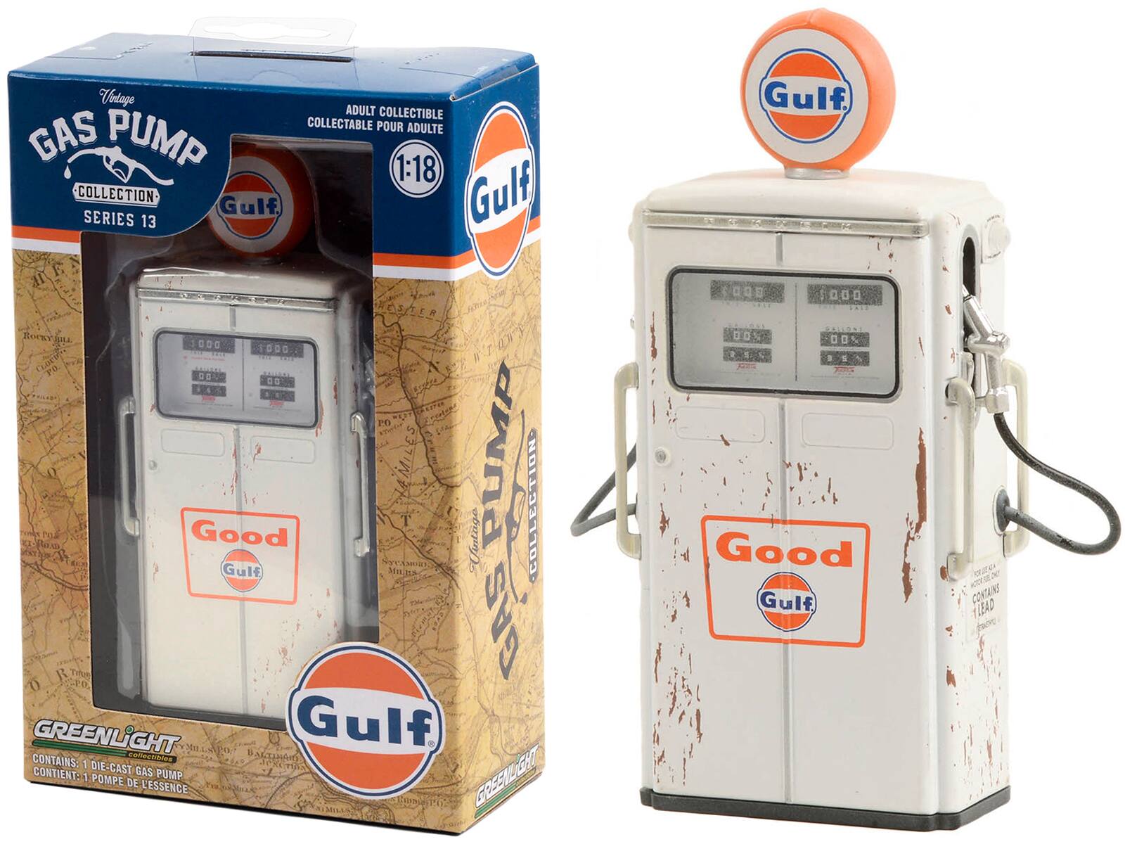 1954 Tokheim 350 Twin Gas Pump "Good Gulf - Gulf Oil" White (Weathered) "Vintage Gas Pumps" Series 13 1/18