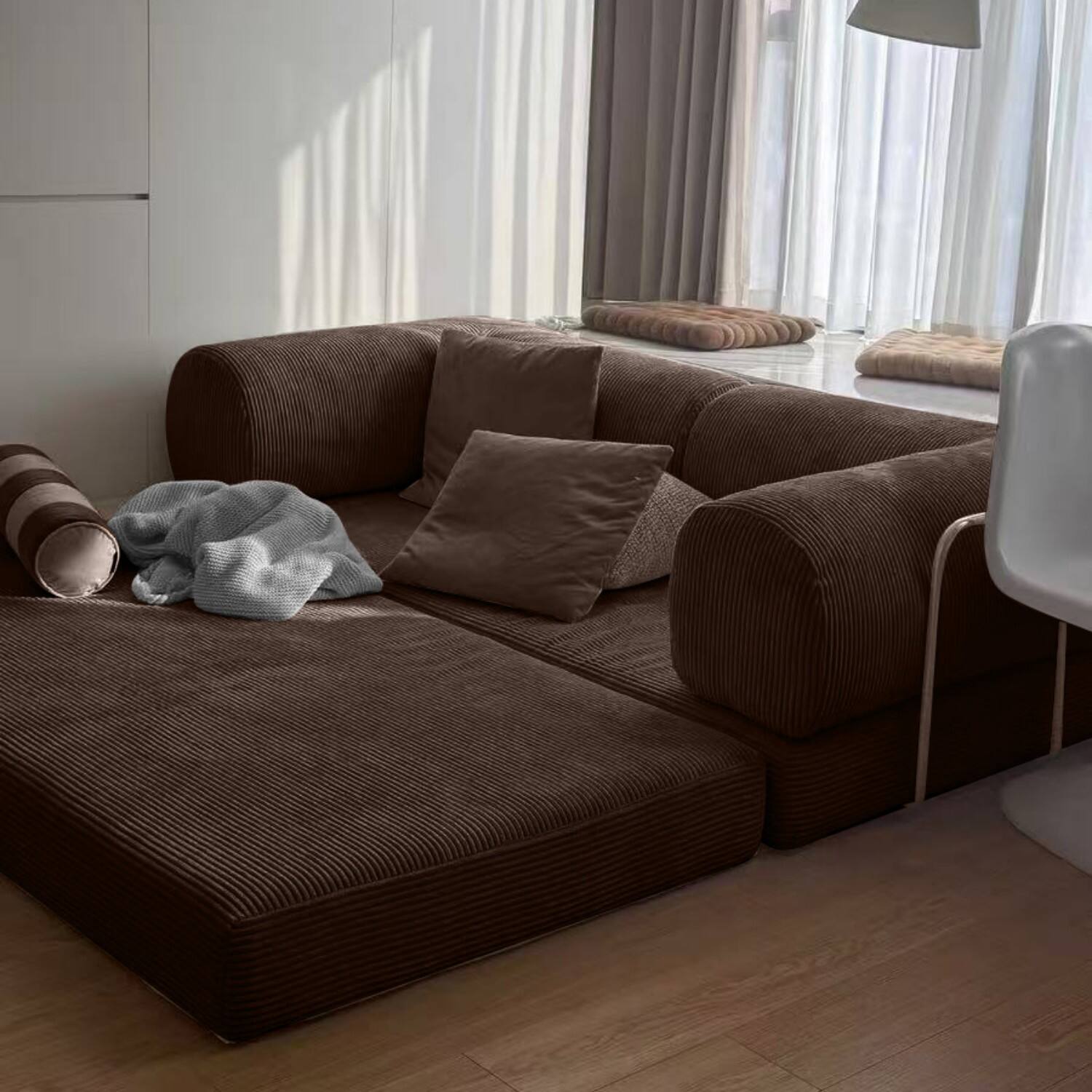 Front. KERDOM - 78 Inch W Sectional Modular Sofa, 3-4 Person Corduroy Sofa Bed Foldable, High Rebound Density Sponge Sofa, Block Couch - Coffee Brown.