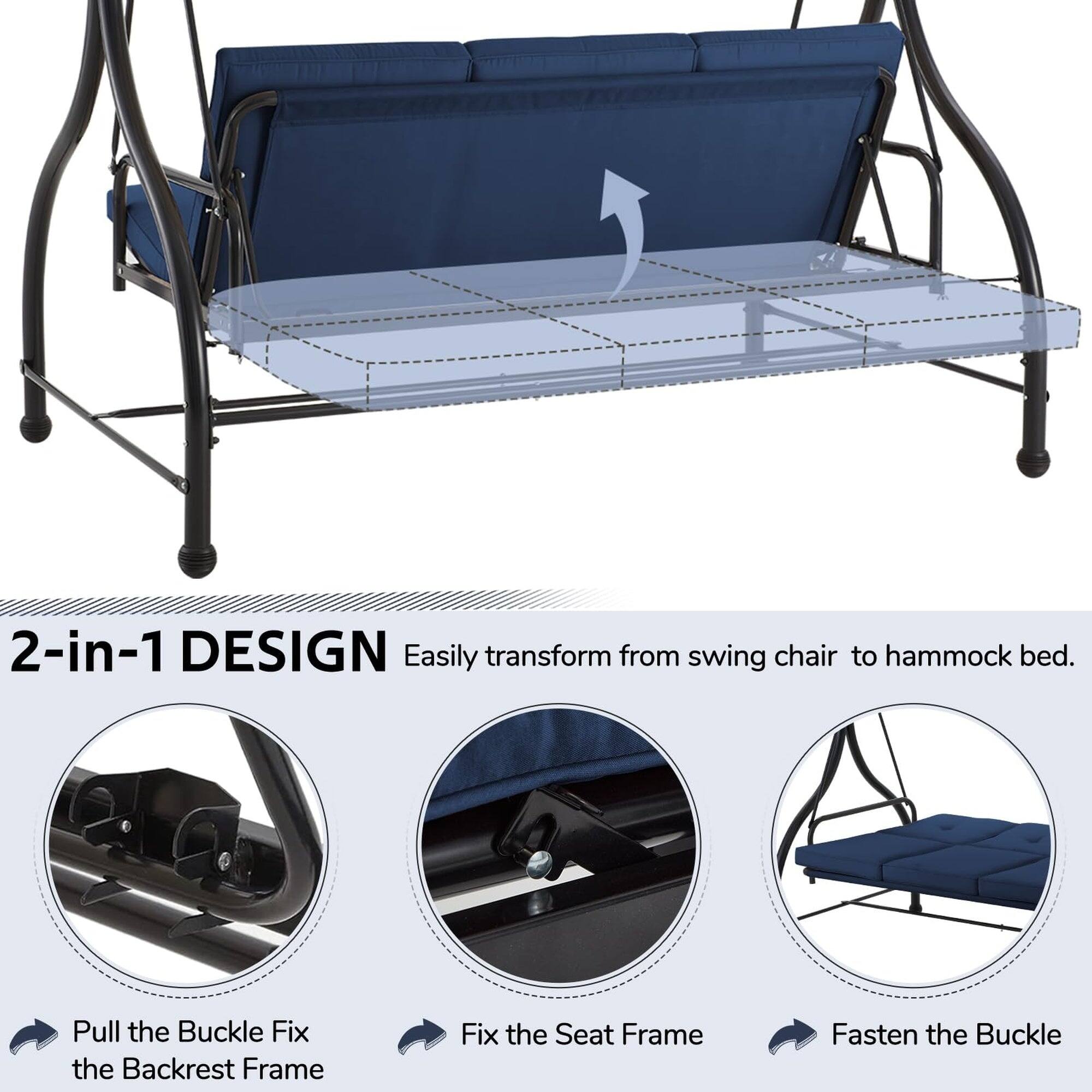 2-in-1 DESIGN  
Easily transform from swing chair to hammock bed.  

1. Pull the Buckle  
2. Fix the Backrest Frame  
3. Fix the Seat Frame  
4. Fasten the Buckle