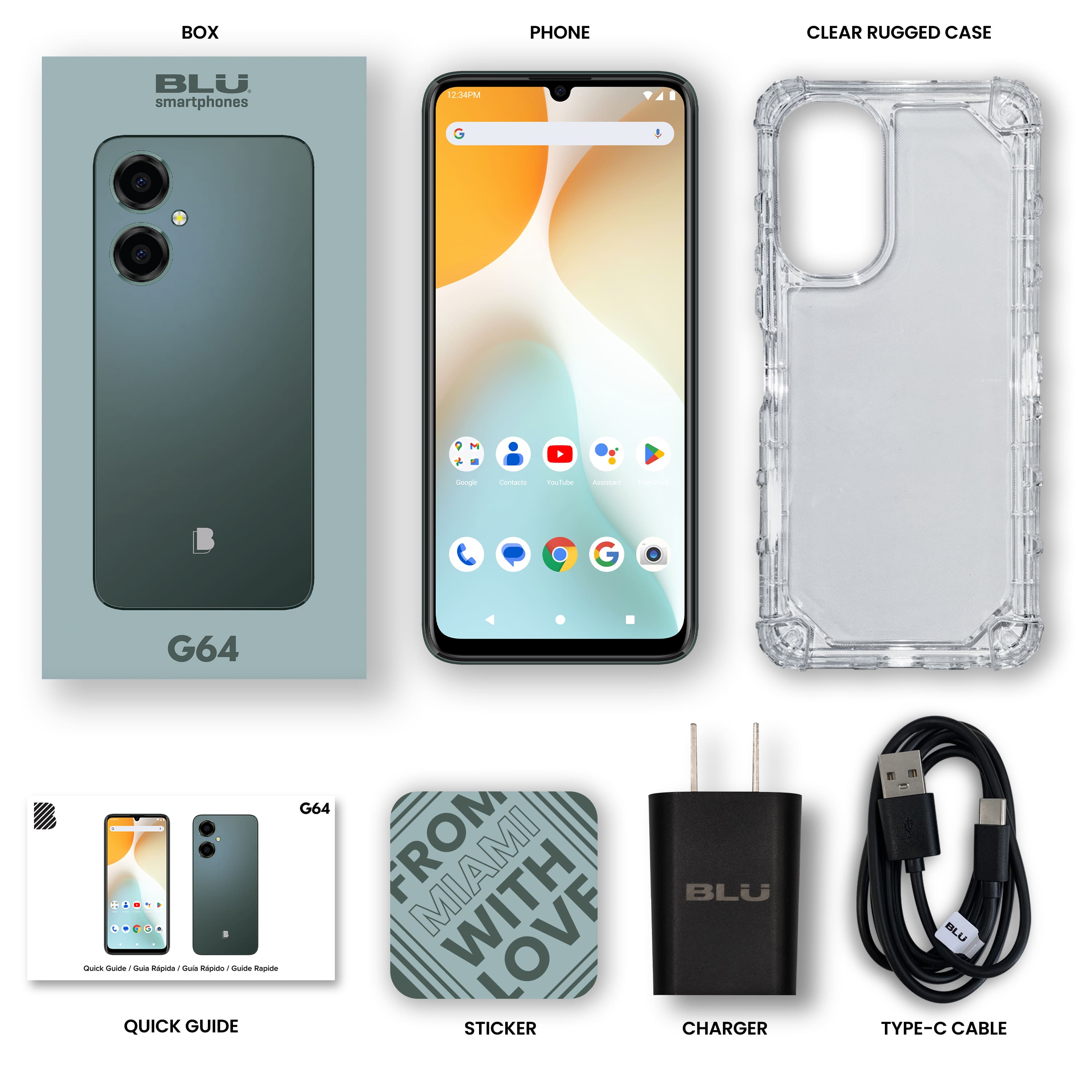 The image features a variety of Blu smartphones and accessories. There are two cell phones, one on the left side and the other on the right side of the image. A clear rugged case is also present, covering the left cell phone. Additionally, there is a charger and a USB cable, both located on the right side of the image. A quick guide for the G64 smartphone is also available, along with a sticker and a charger.