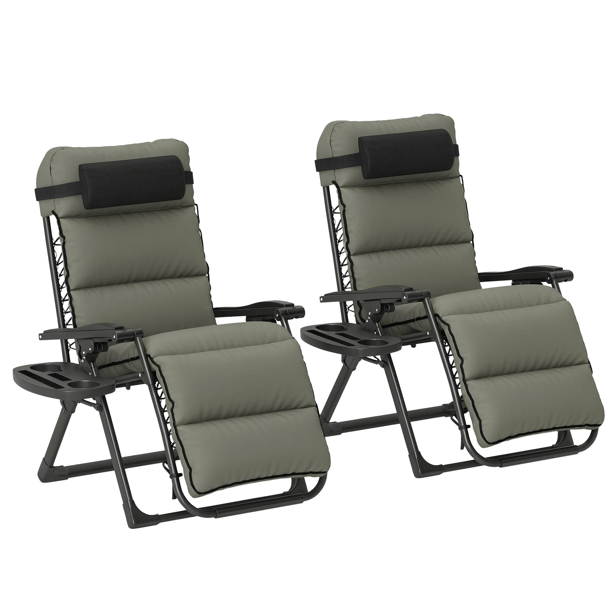 Front. Outsunny - Gravity Lounge Chair Set, 2 Pieces Reclining Folding Outdoor Lounge Chairs with Cushion, Headrest - Gray.