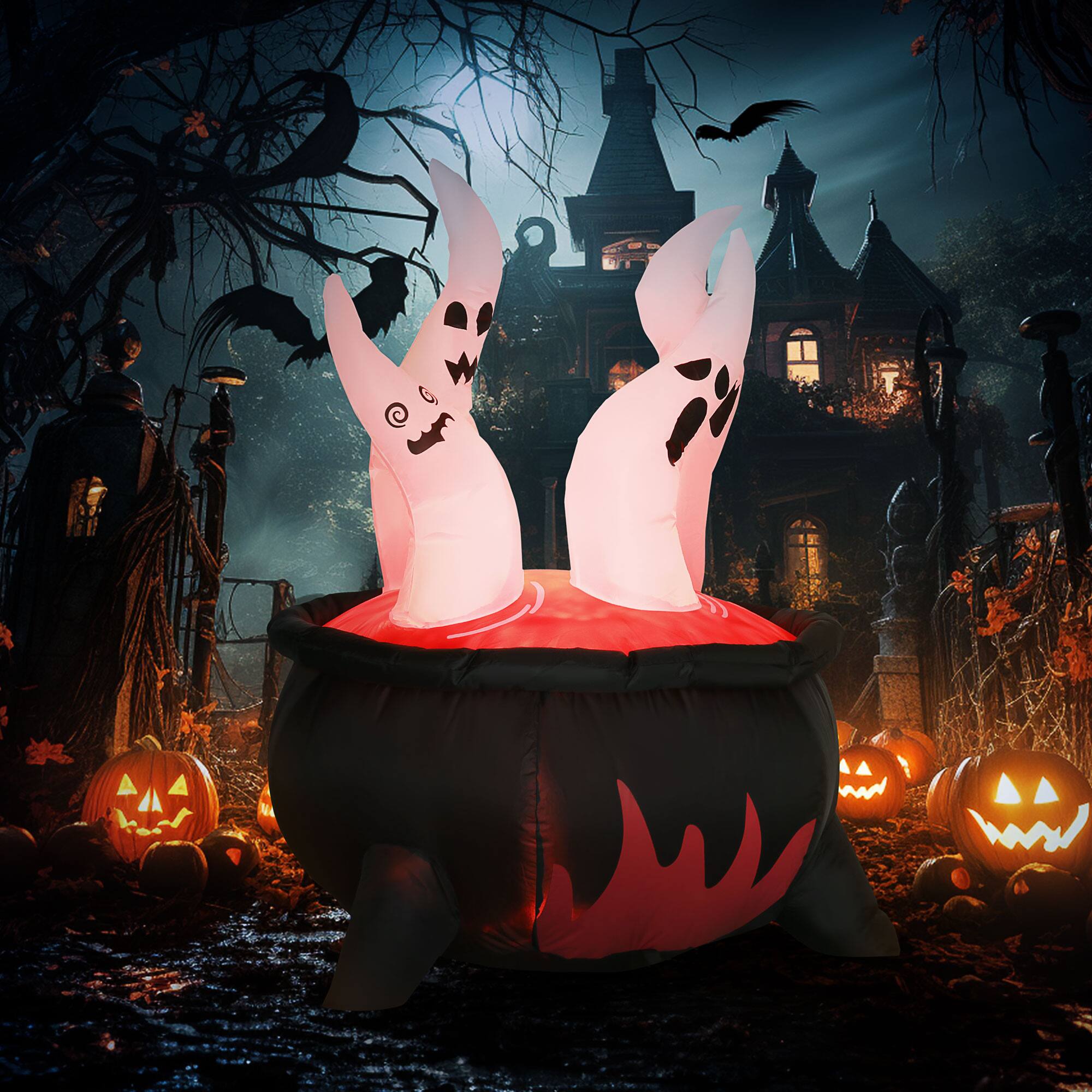 Alt View 1. Outsunny - 4ft Halloween Inflatable Outdoor Decorations White Ghosts in Red Cauldron, LED Yard Decor for Garden, Party, Holiday - White.