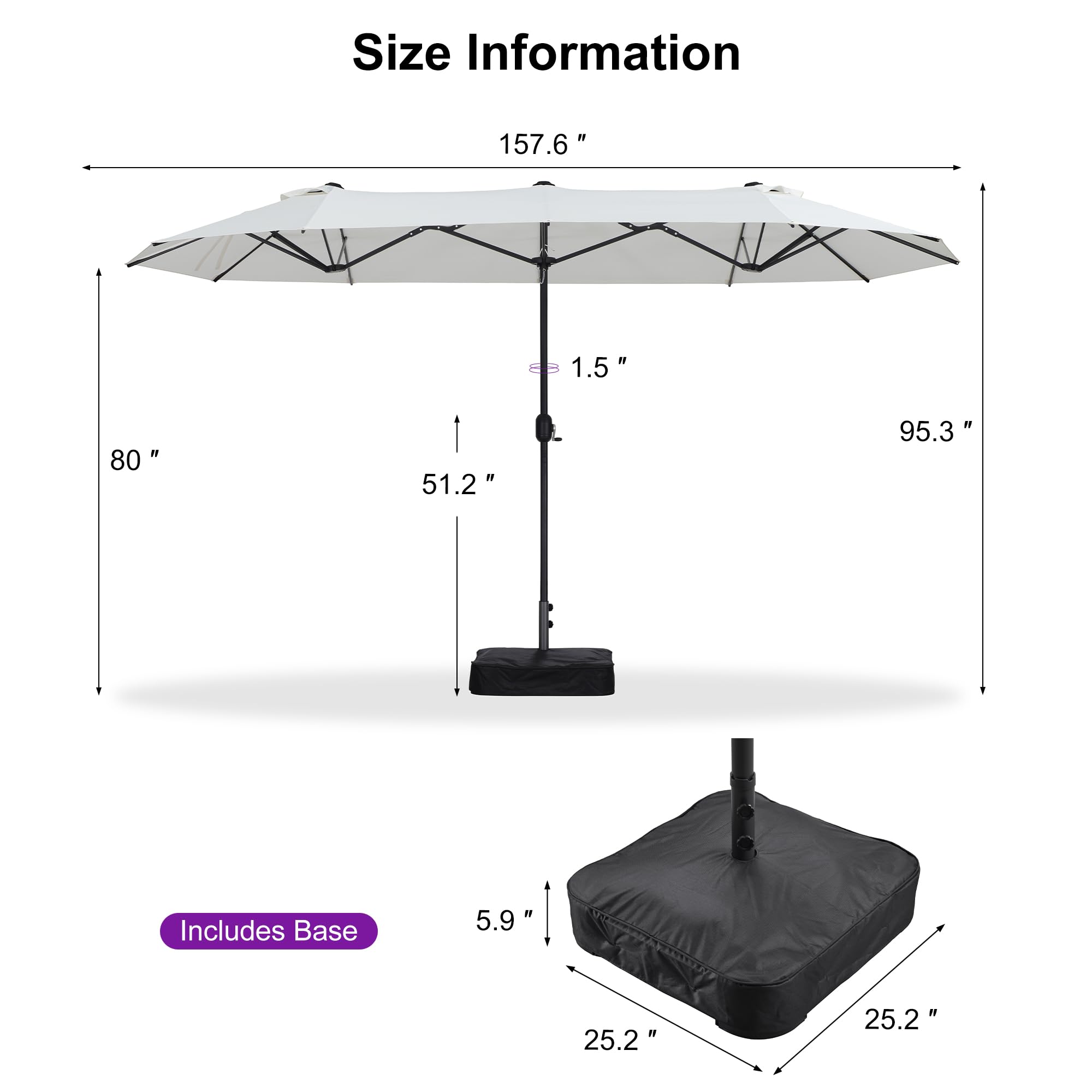 Size Information  
157.6"  
1.5"  
80"  
51.2"  
95.3"  
Includes Base  
5.9"  
25.2"  
25.2"