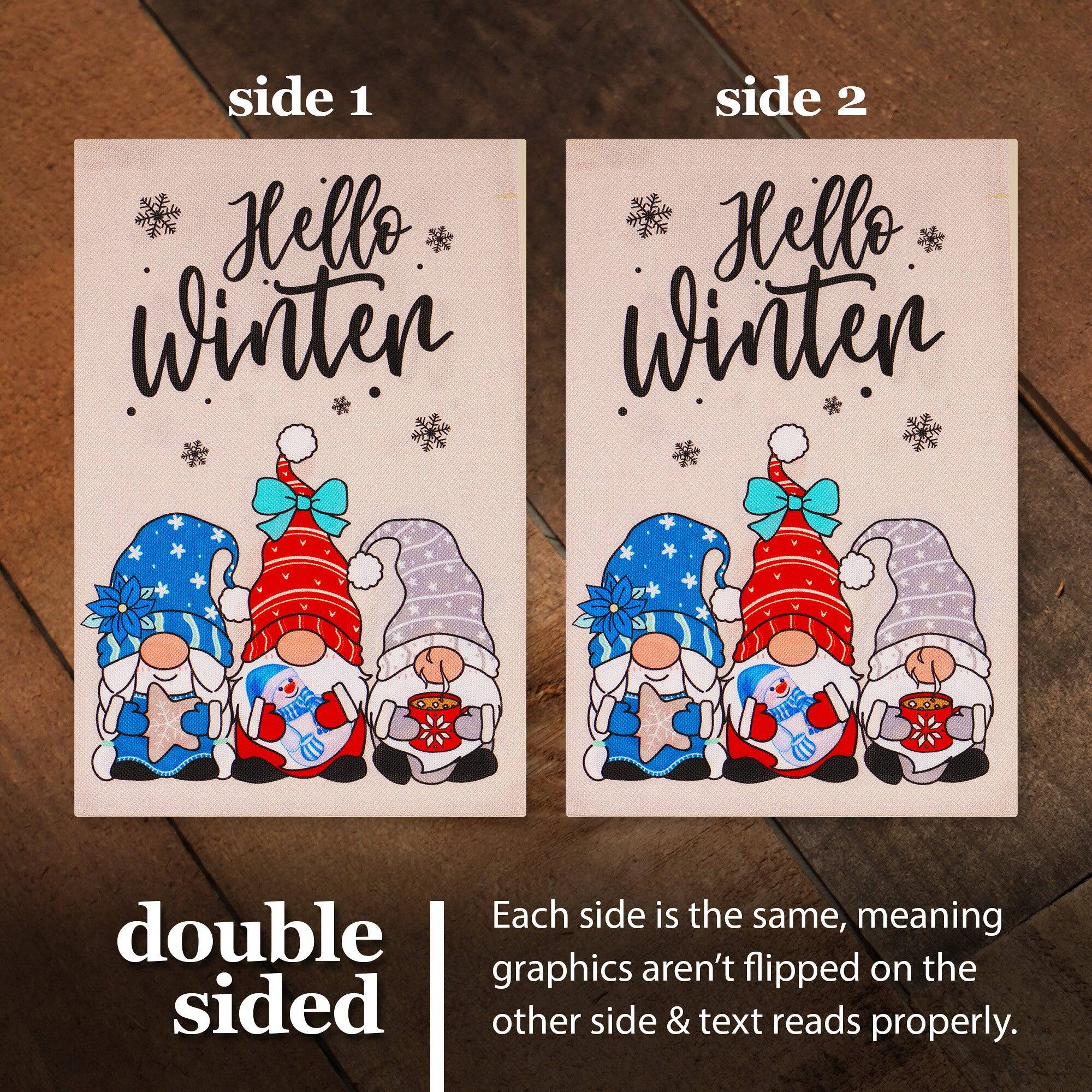 side 1 side 2 Hello Winter Hello Winter

double sided

Each side is the same, meaning graphics aren't flipped on the other side & text reads properly.