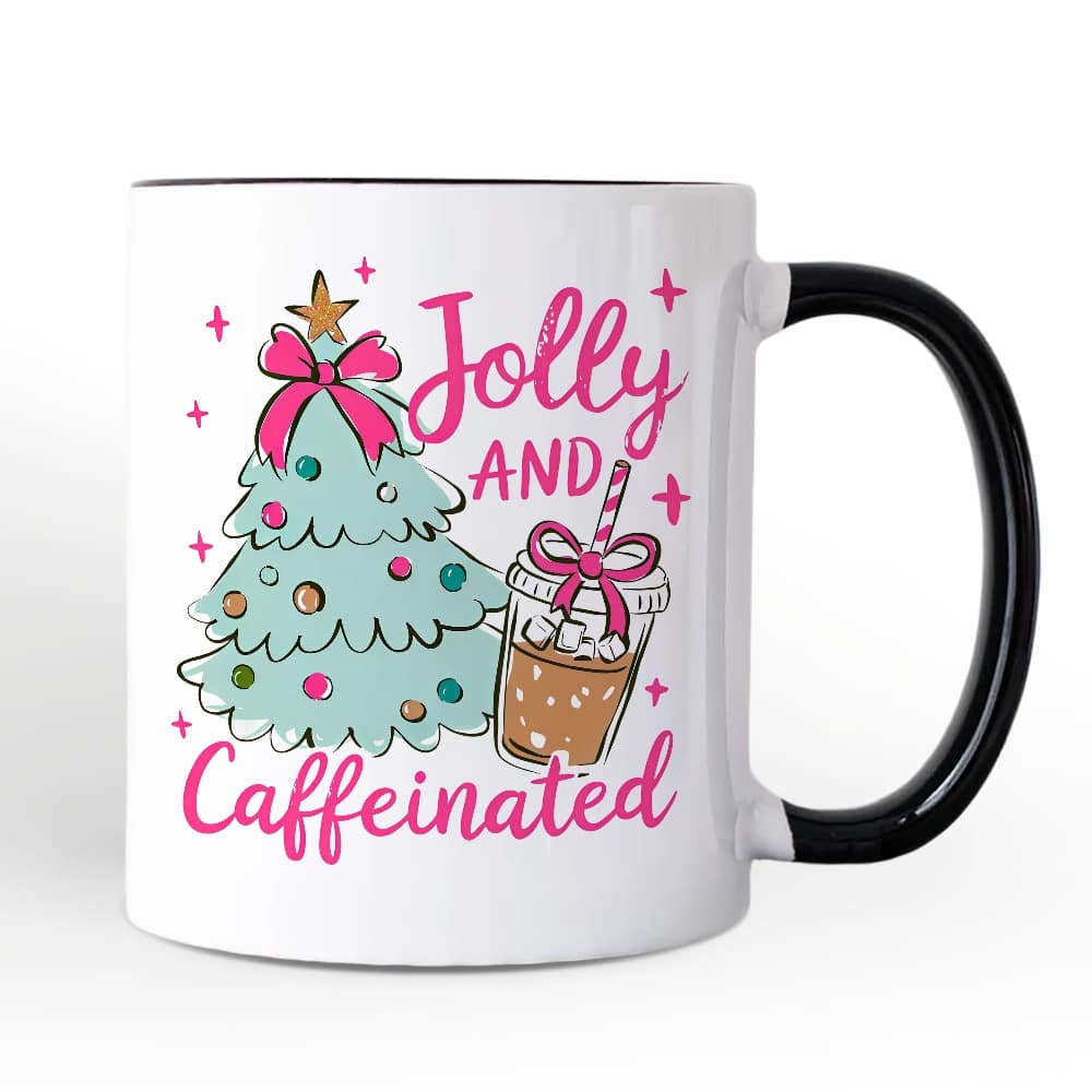OrnamentallyYou - Jolly and Caffeinated Christmas Mug, Retro Coquette Coffee Holiday Gift - White