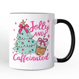 OrnamentallyYou - Jolly and Caffeinated Christmas Mug, Retro Coquette Coffee Holiday Gift - White