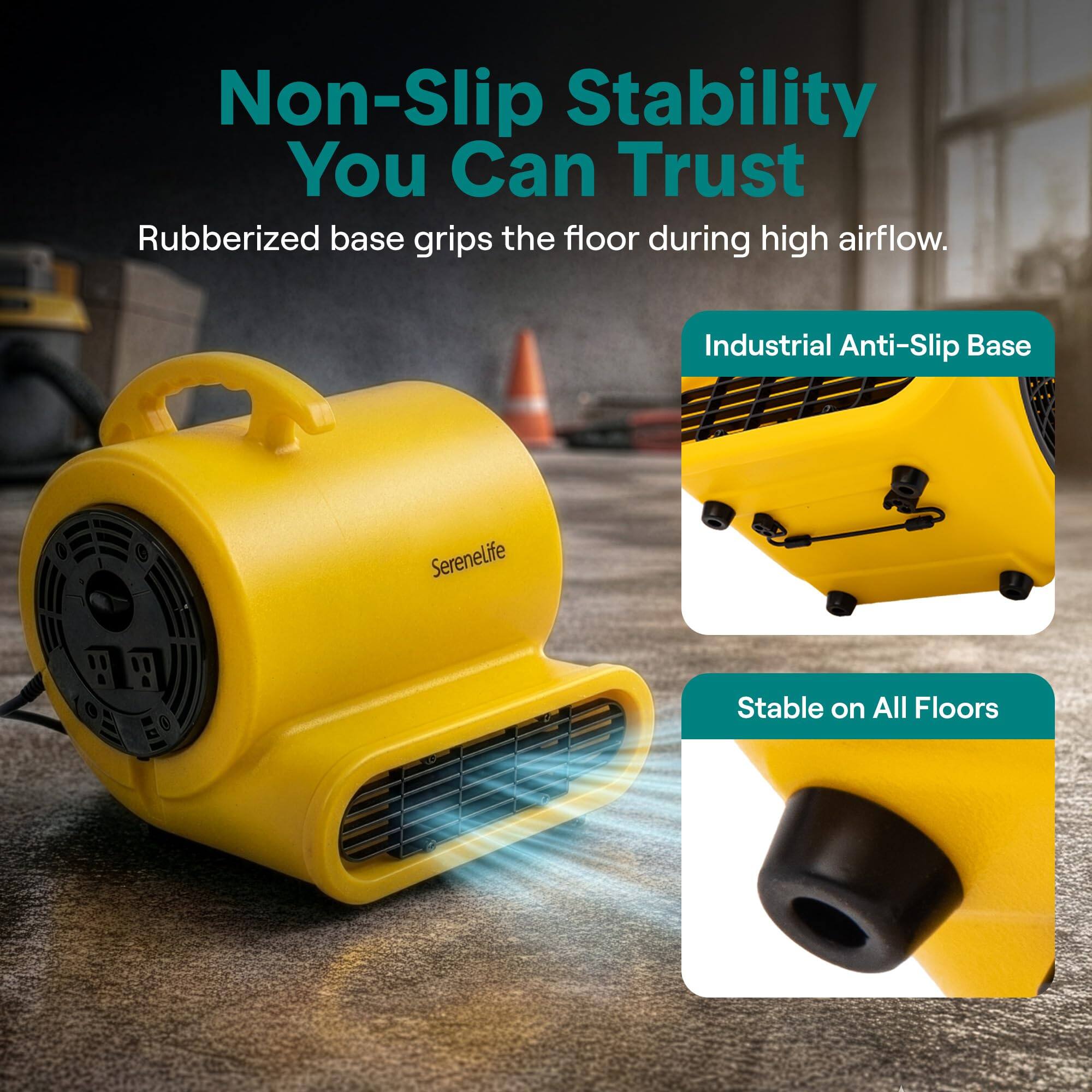 Non-Slip Stability You Can Trust  
Rubberized base grips the floor during high airflow.  

Industrial Anti-Slip Base  
Serenelife  

Stable on All Floors