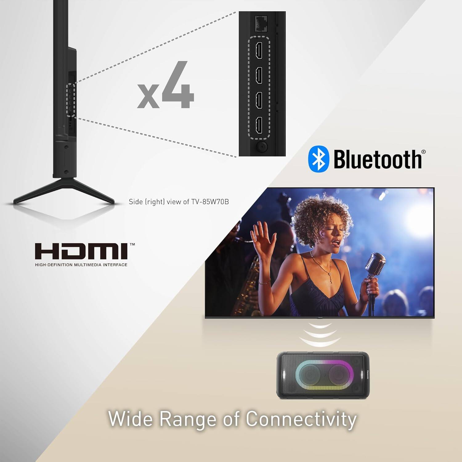 Side (right) view of TV-85W70B

x4 HDMI

HIGH-DEFINITION MULTIMEDIA INTERFACE

Bluetooth

Wide Range of Connectivity
