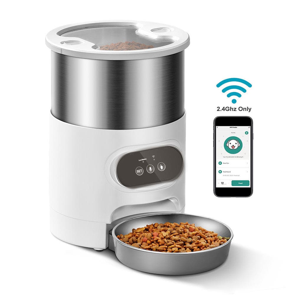 Cluzine - 4.5L Stainless Steel Smart Pet Feeder with WiFi Control, Multi-Function Food Dispenser - White