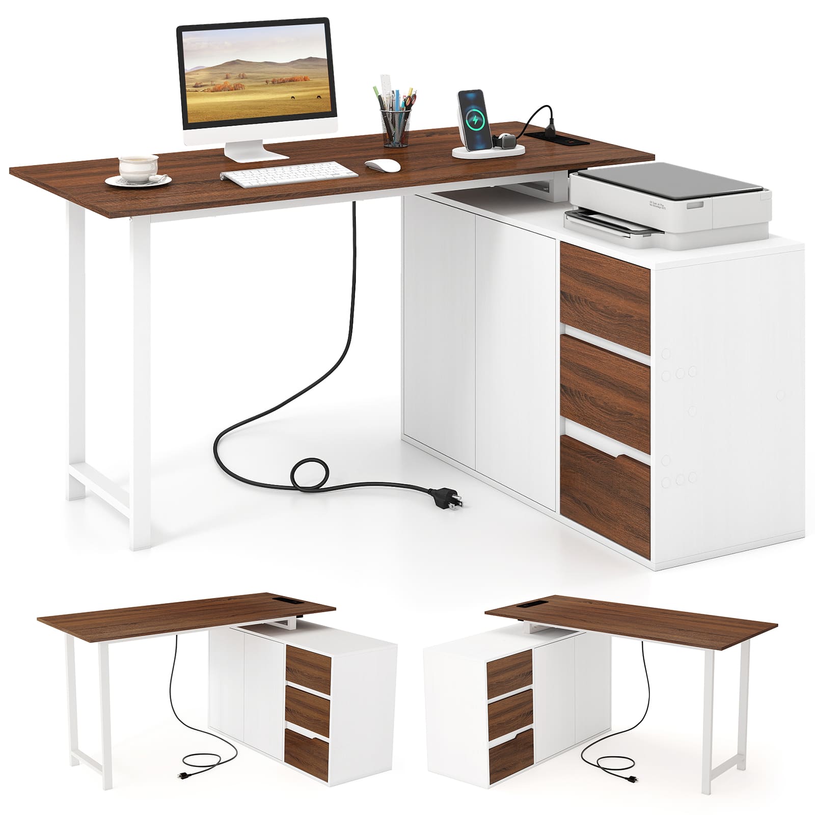 Costway - 54.5" L-Shaped Computer Desk with File Cabinet, 3 Drawers & Charging Station - Brown & White