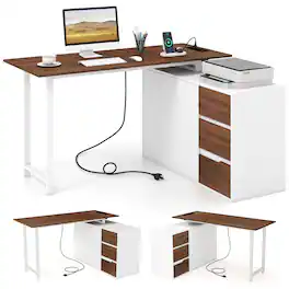 Costway - 54.5" L-Shaped Computer Desk with File Cabinet, 3 Drawers & Charging Station - Brown & White