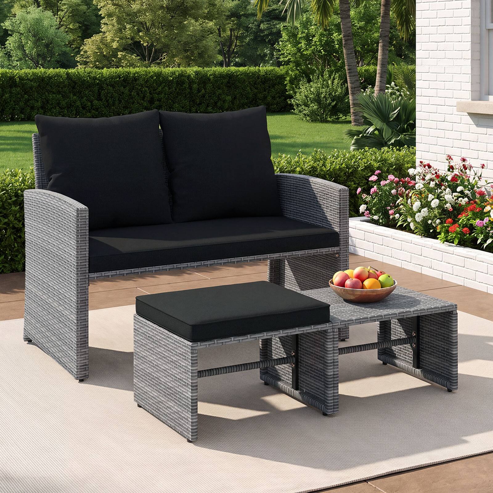 Alt View 4. Costway - Costway Outdoor Loveseat with Ottomans, 3 Pieces Patio PE Wicker Furniture Set with Cushions - Mix Gray + Black.