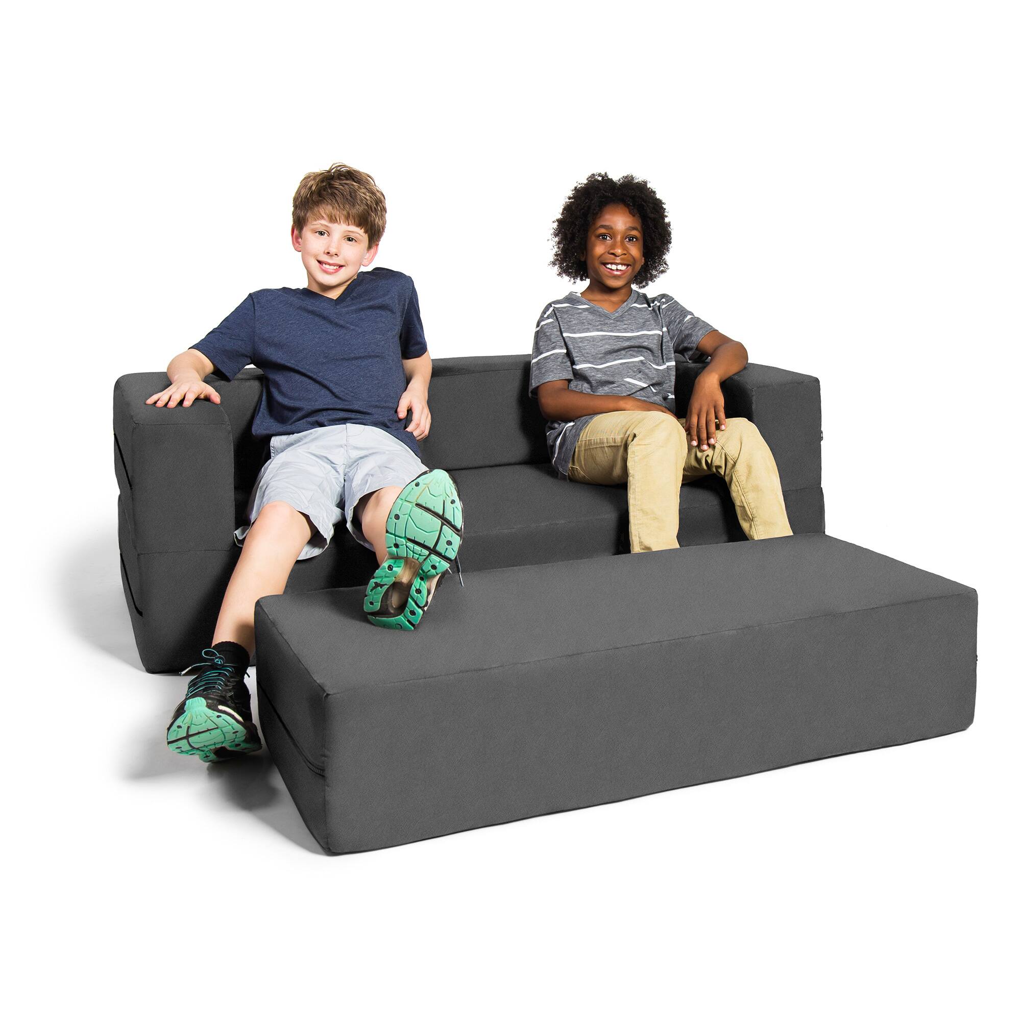 Left. Jaxx - Jaxx Zipline Kids Sofa & Large Ottoman, 3 in 1 Fold Out Sofa, Big Kids Edition, Charcoal - Charcoal.