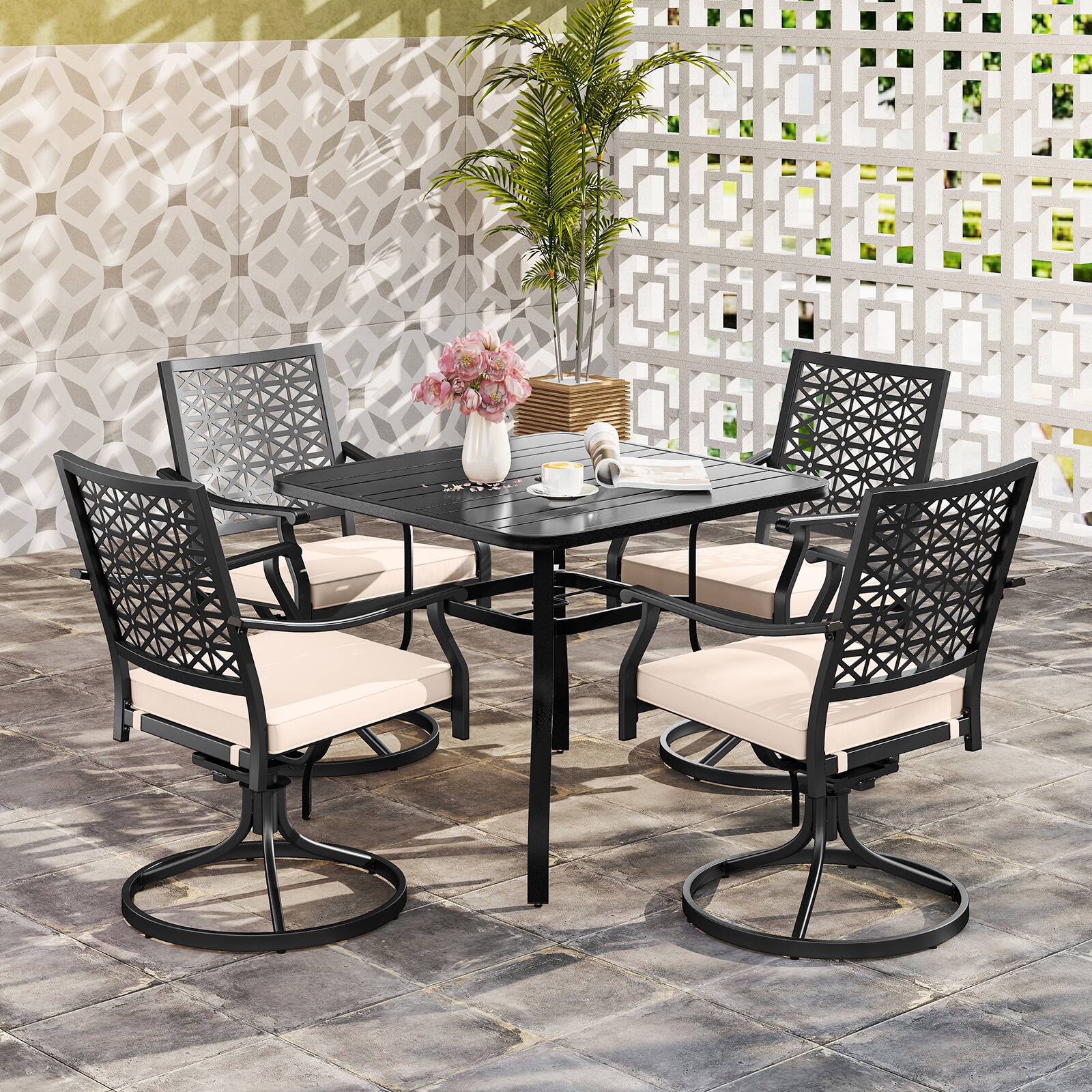 Alt View 4. Gymax - Gymax 4 Pieces Outdoor Swivel Chairs Patio Dining Chairs w/ Padded Cushions Beige & Black - Black, Beige.