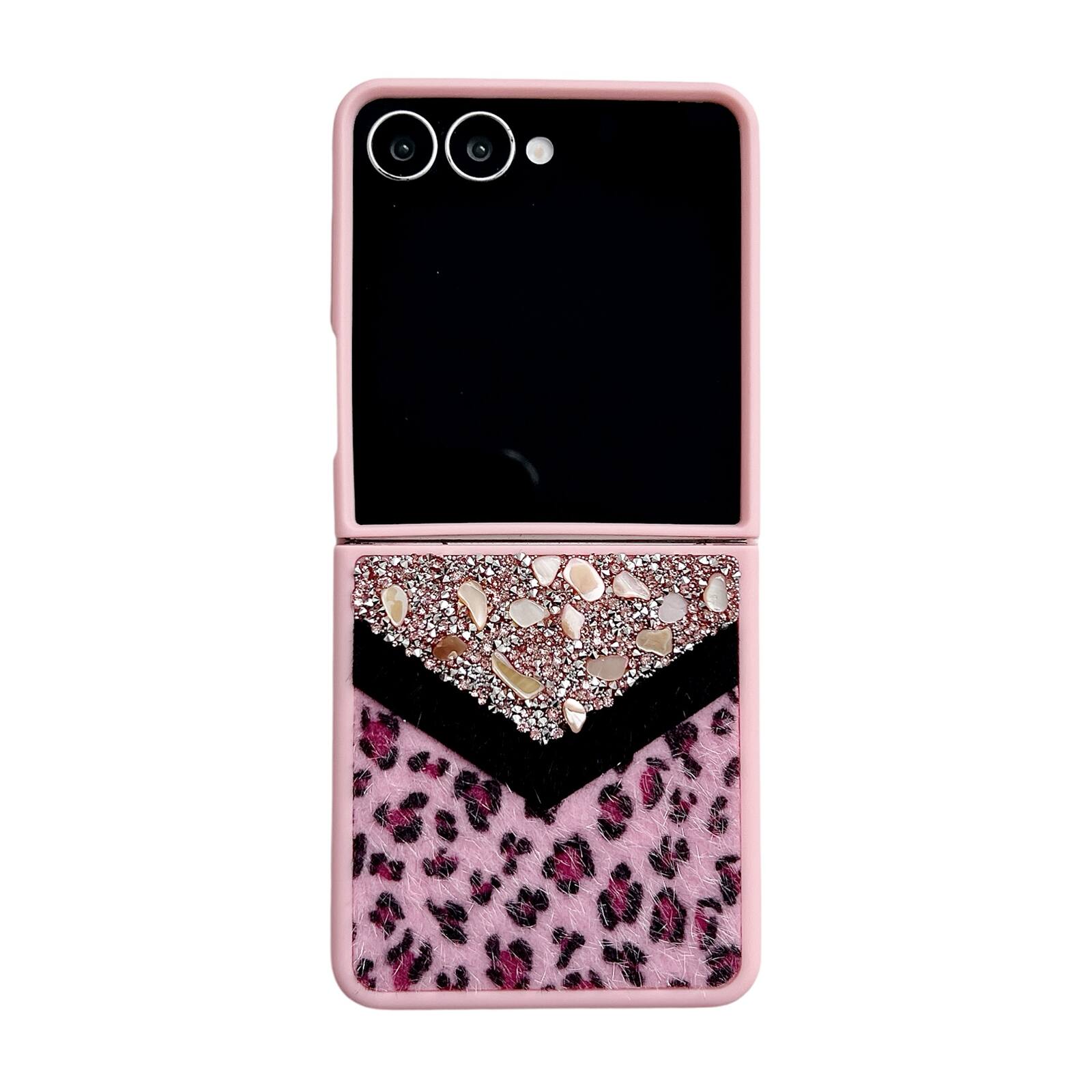 Angle. Dteck - Shockproof Phone Case for Samsung Galaxy Z Flip7 with Beaded Wrist Strap, Glitter Rhinestone Hard PC Protective Cover - Pink.