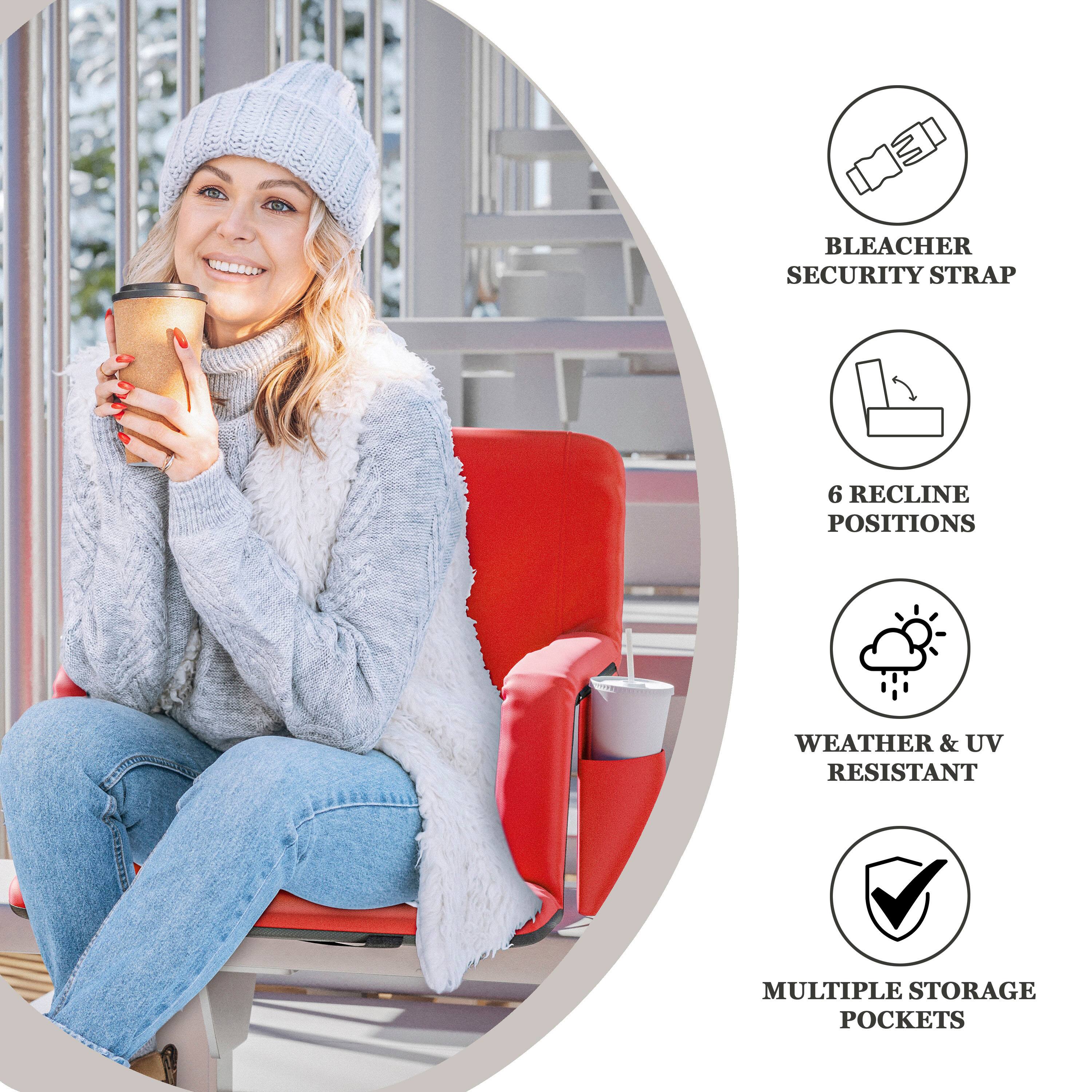 - Bleacher Security Strap
- 6 Recline Positions
- Weather & UV Resistant
- Multiple Storage Pockets