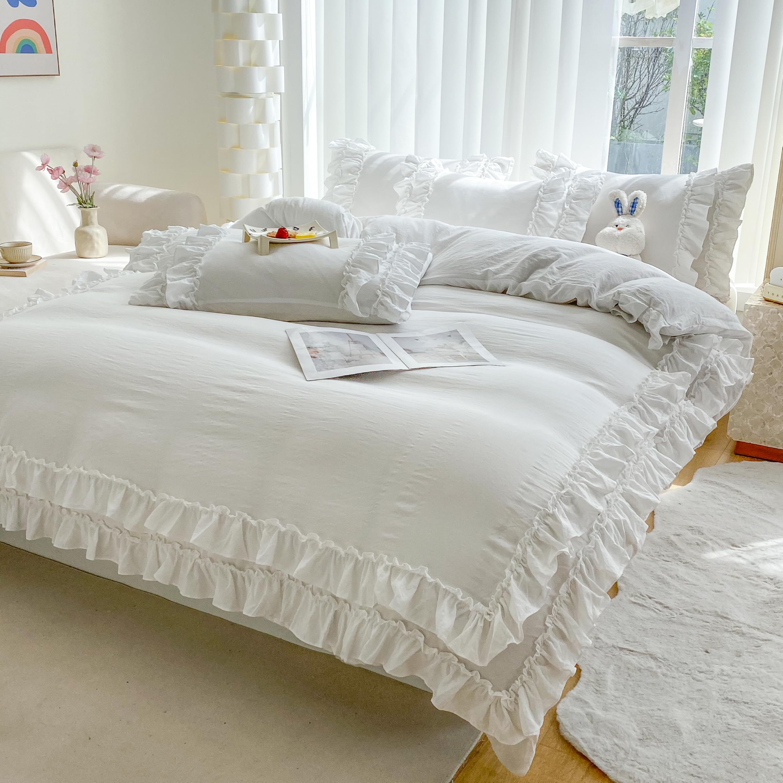 Alt View 1. Earthley Blooms - Shabby Chic 3 Pieces Bedding Vintage Ruffled Full Duvet Cover Set With 2 Layers Ruffles Soft Brushed - Solid White-Queen.
