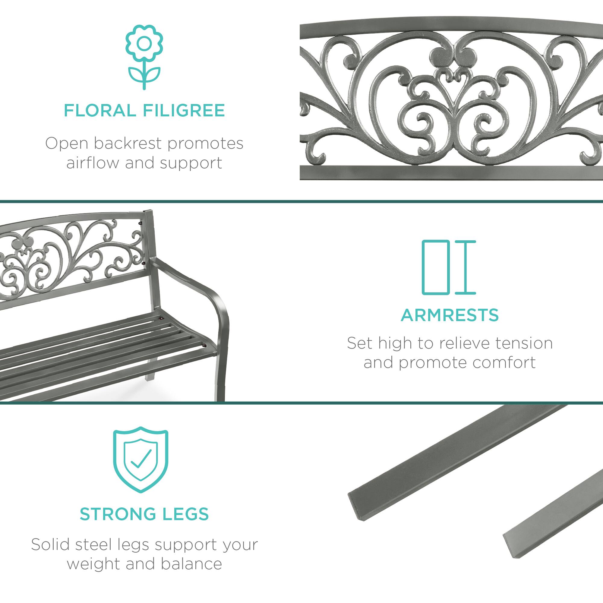 FLORAL FILIGREE  
Open backrest promotes airflow and support  

ARMRESTS  
Set high to relieve tension and promote comfort  

STRONG LEGS  
Solid steel legs support your weight and balance